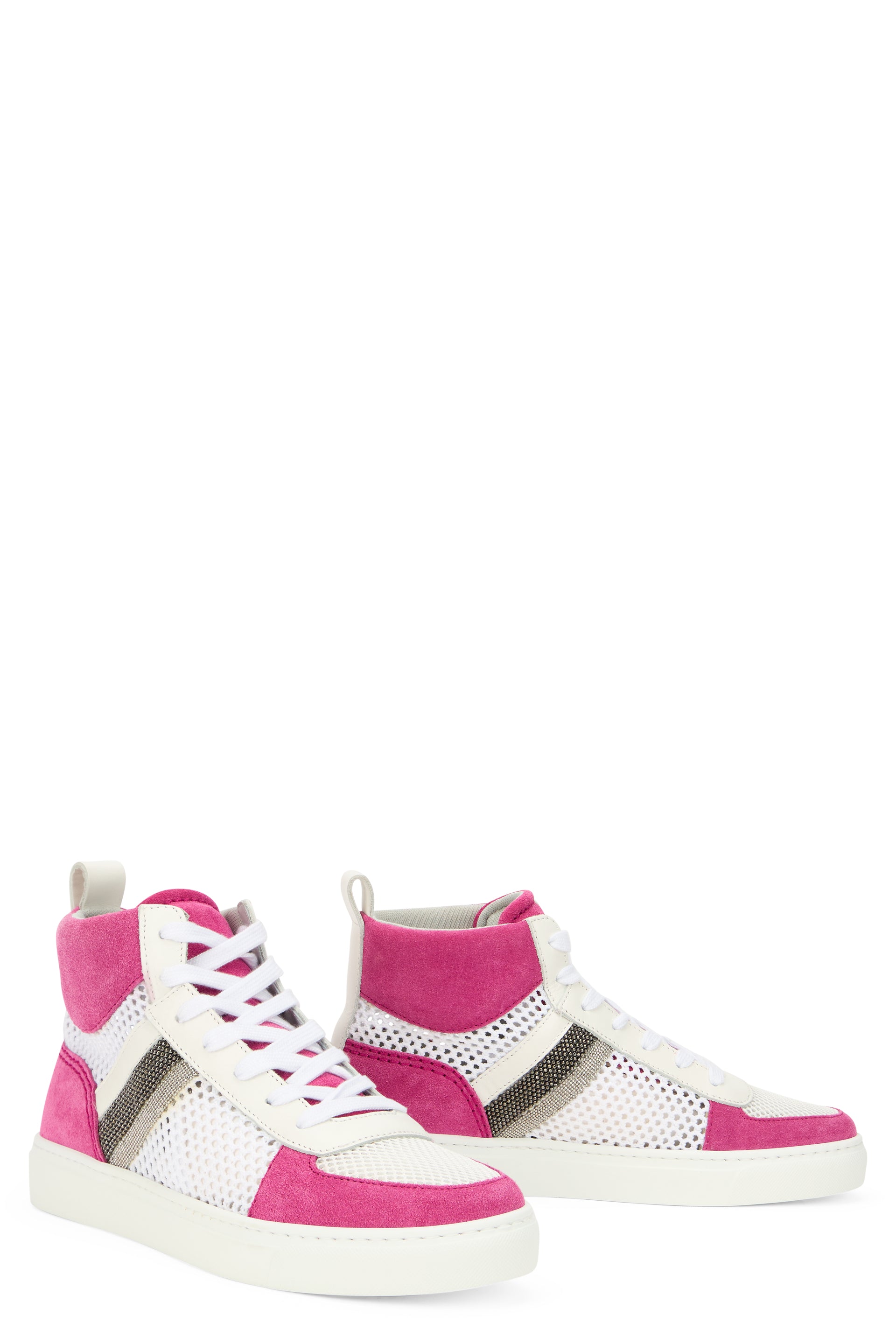 Modern white high sneakers with pink details, versatile and fashionable.