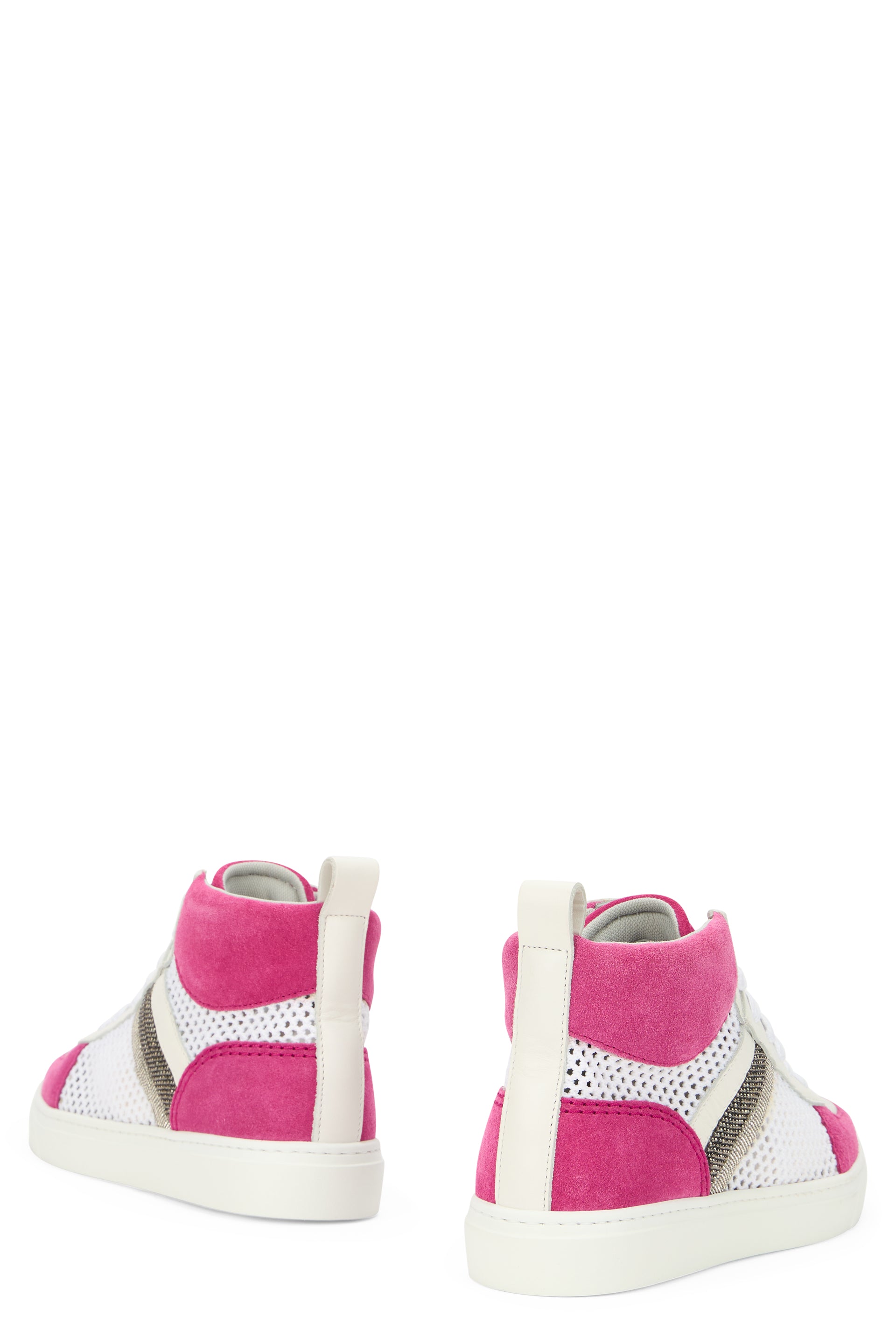 Modern white high sneakers with pink details, versatile and fashionable.