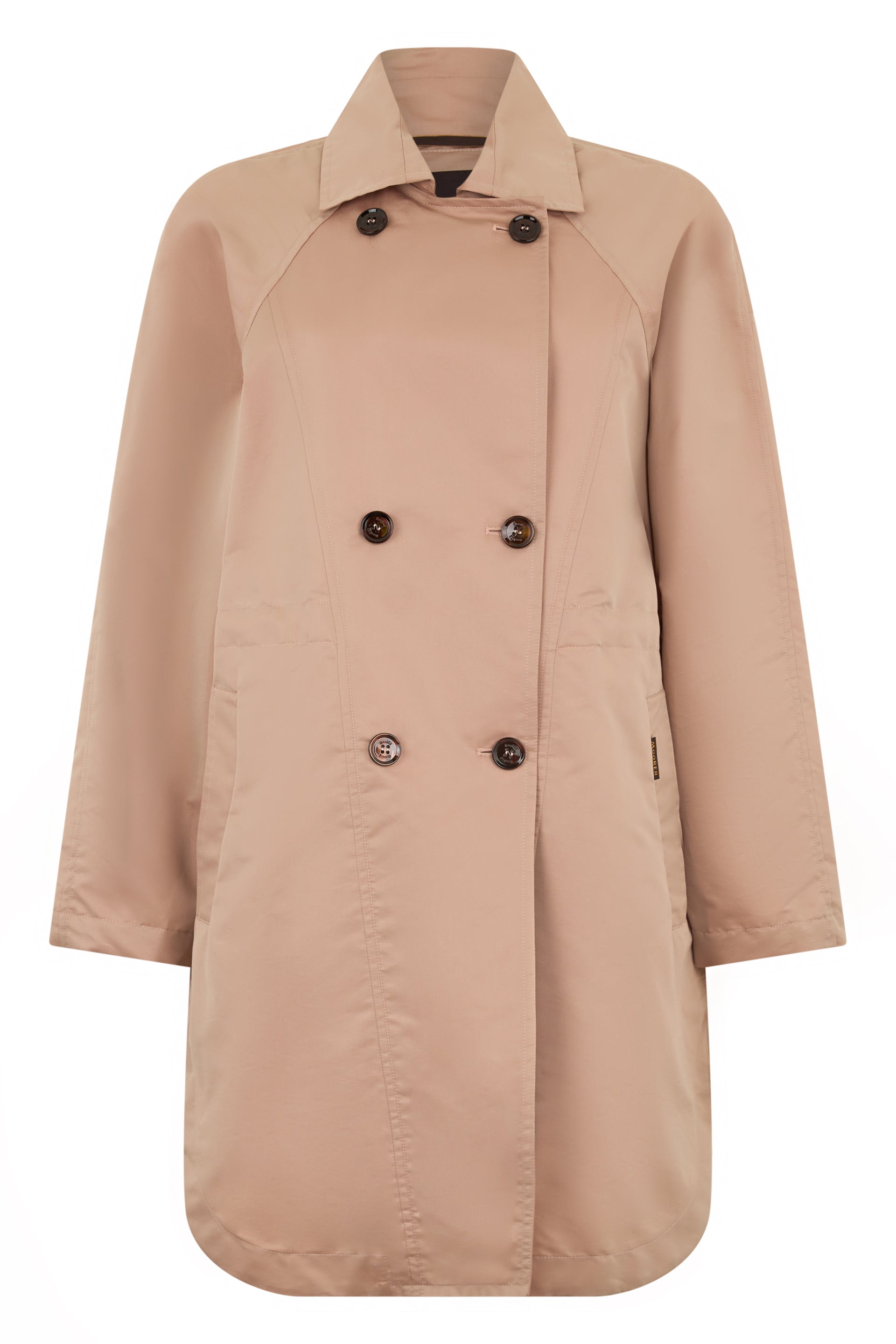 Beige double-breasted coat with a minimal and versatile design.