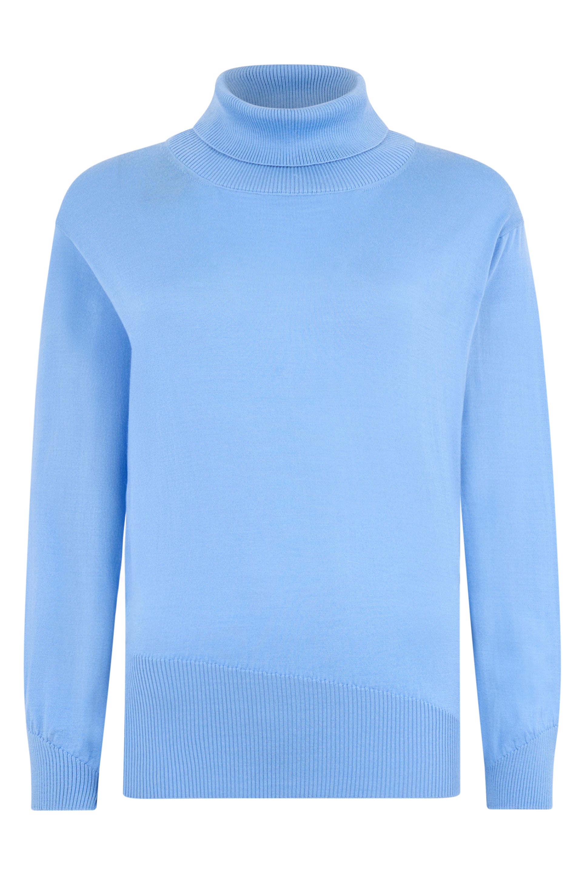 Blue sweater with high collar and long sleeves.