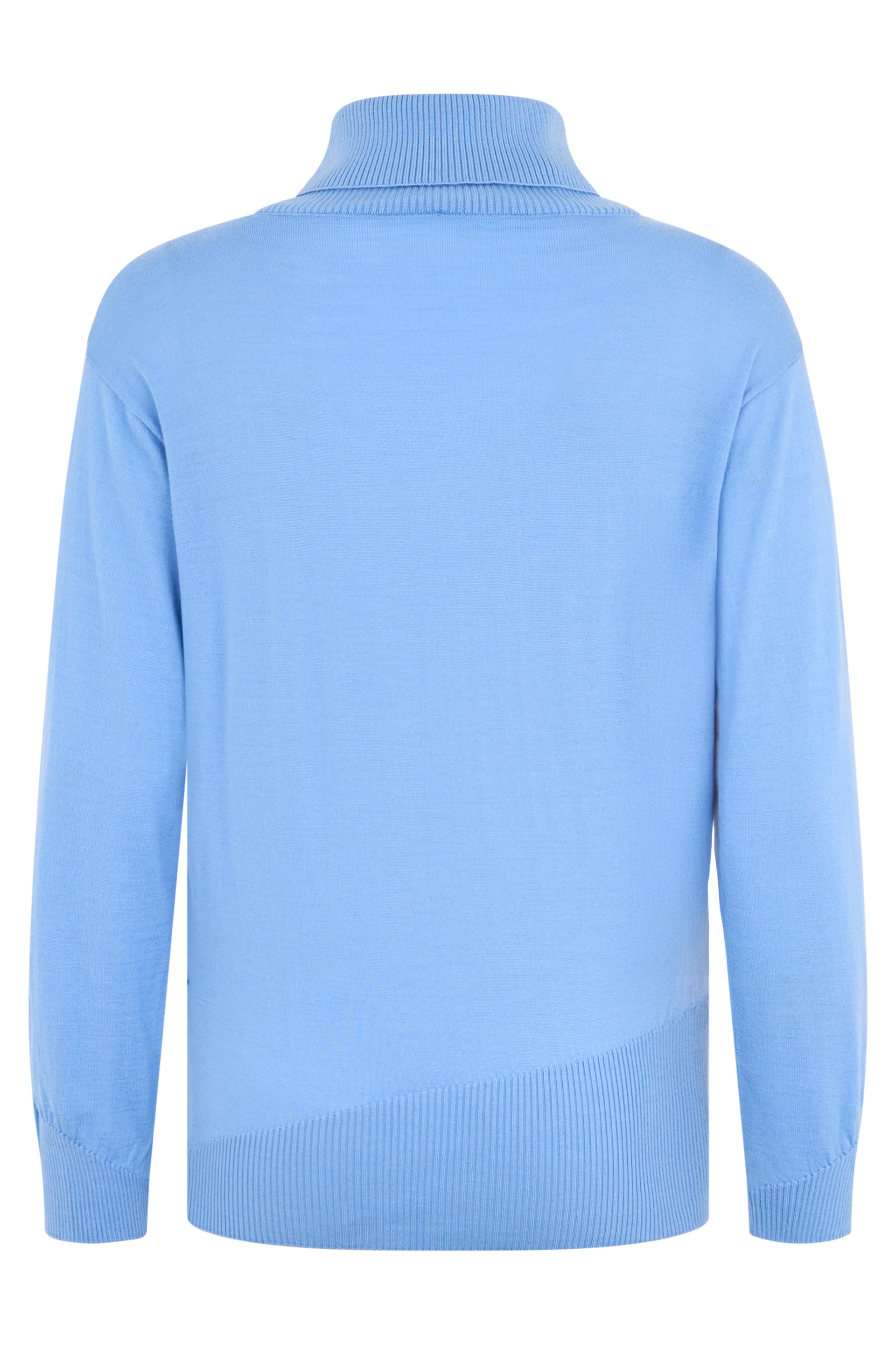 Blue sweater with high collar and long sleeves.
