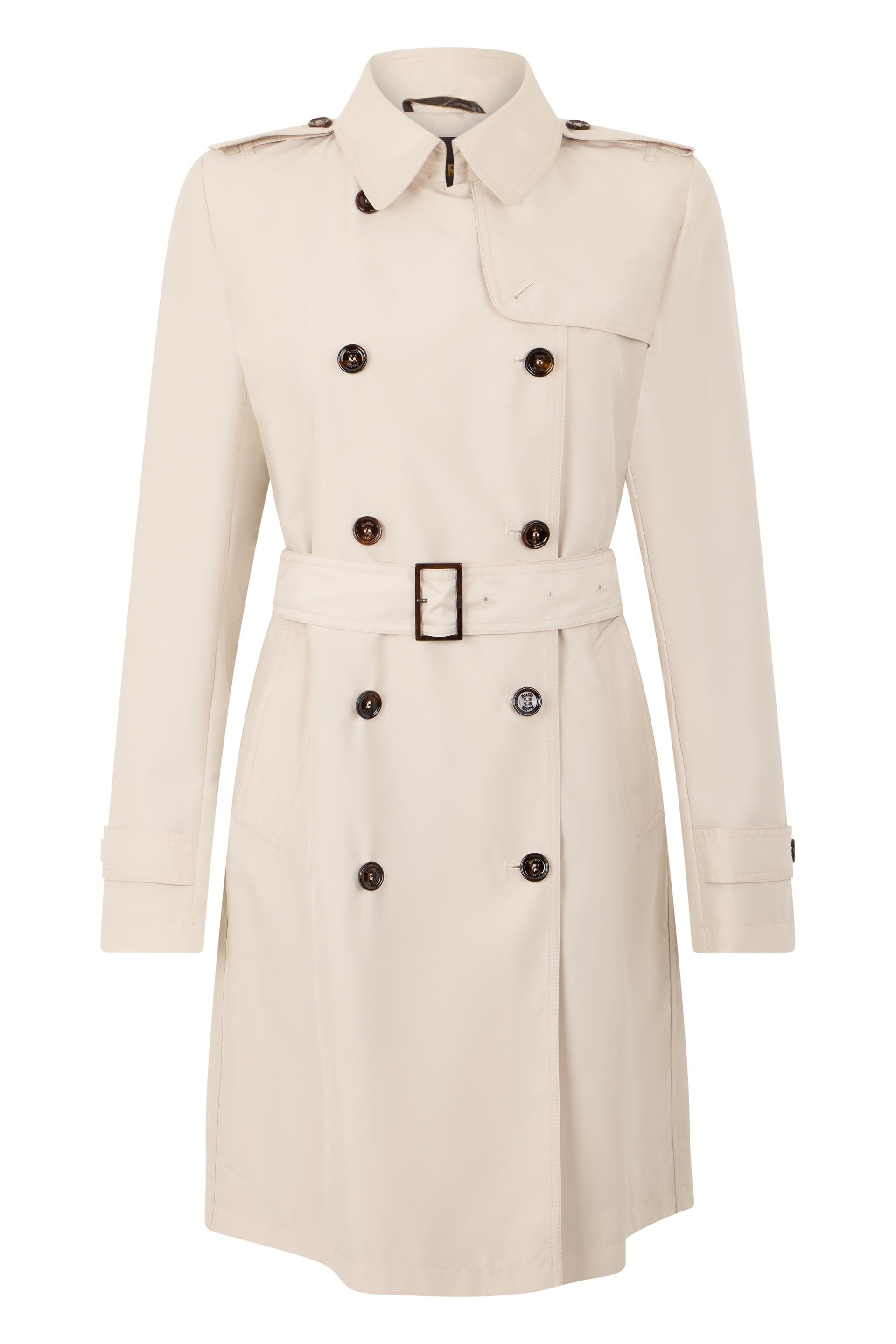 Elegant beige trench with belt and buttons