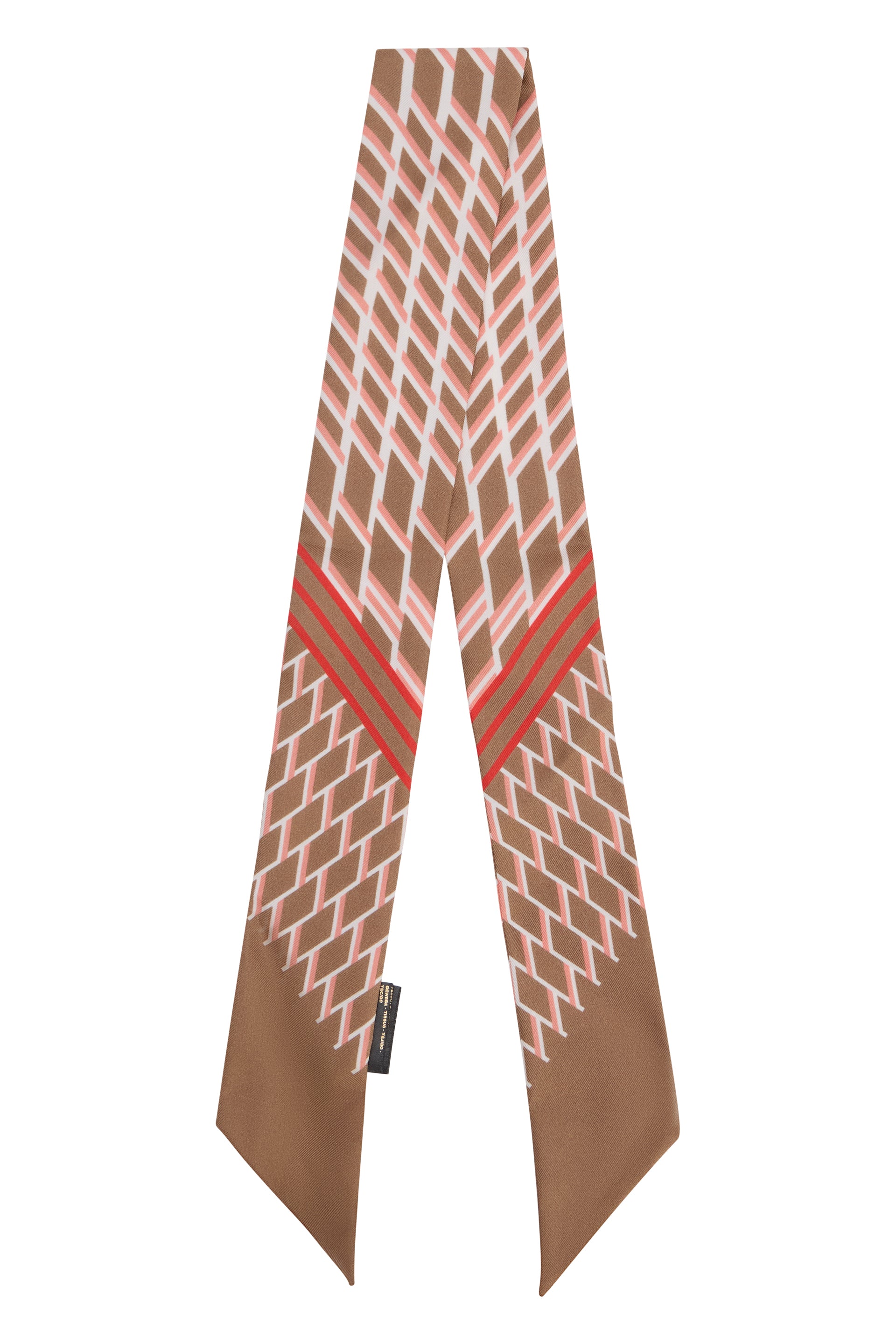 Scarf in camel tones with contrasting geometric pattern.
