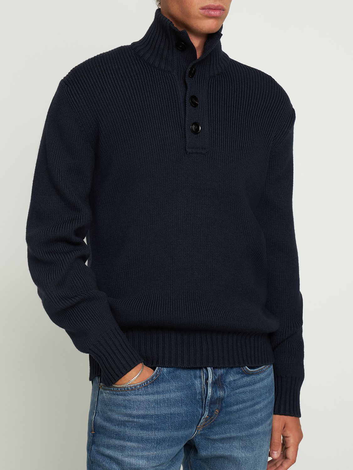 Elegant blue sweater with high collar