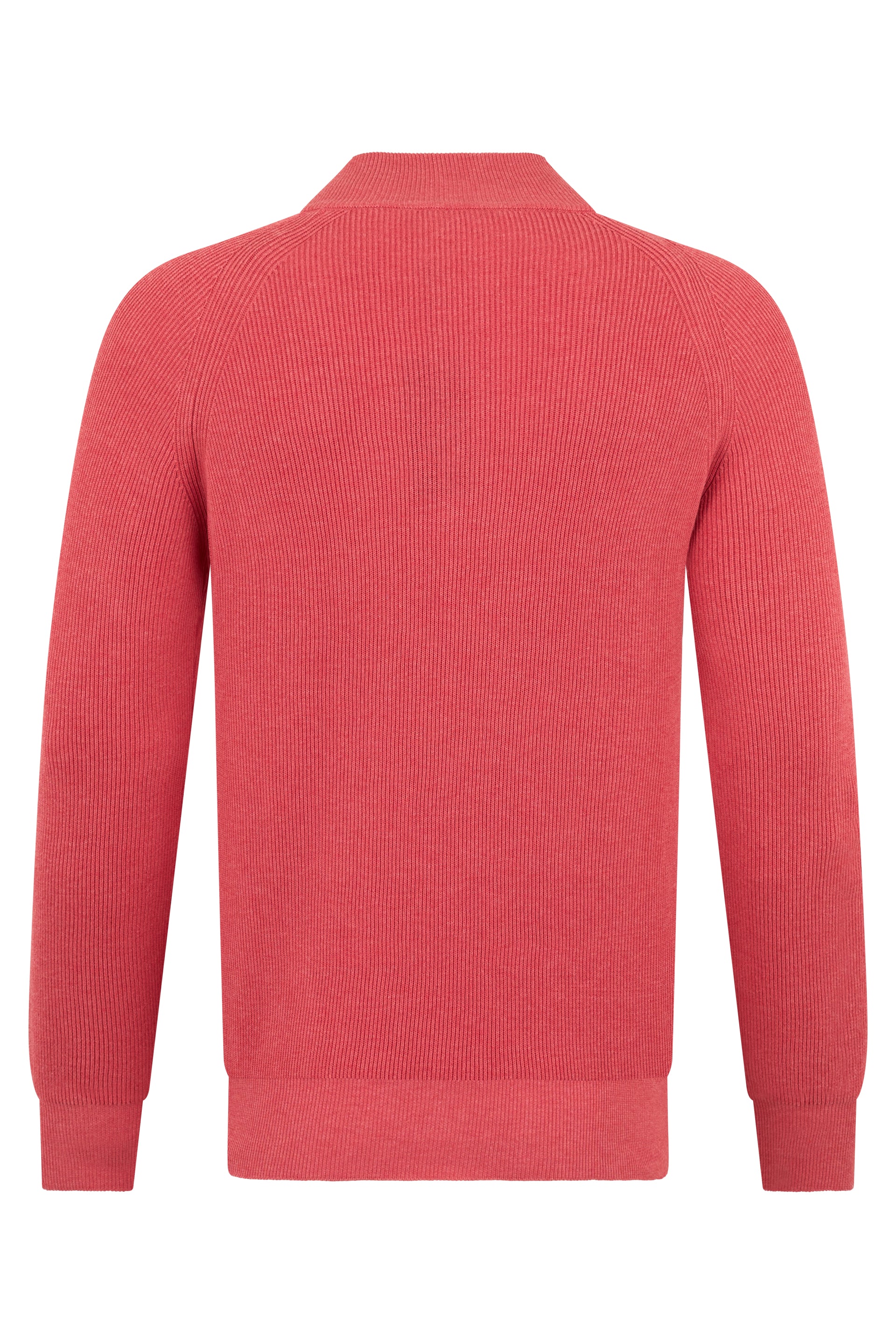 Red sweater with zipper, modern versatile design.