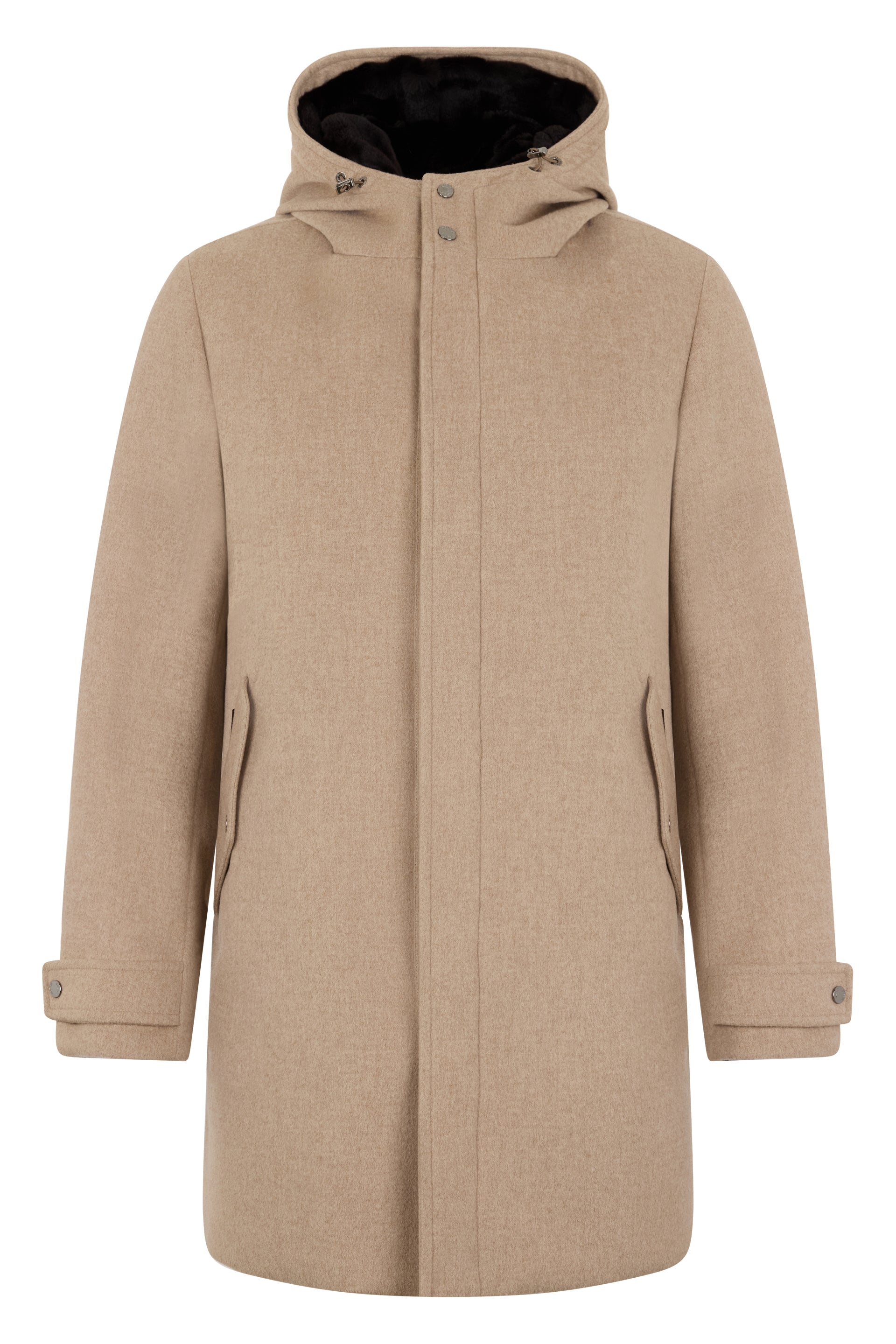 Beige minimalist coat with hood and elegant design