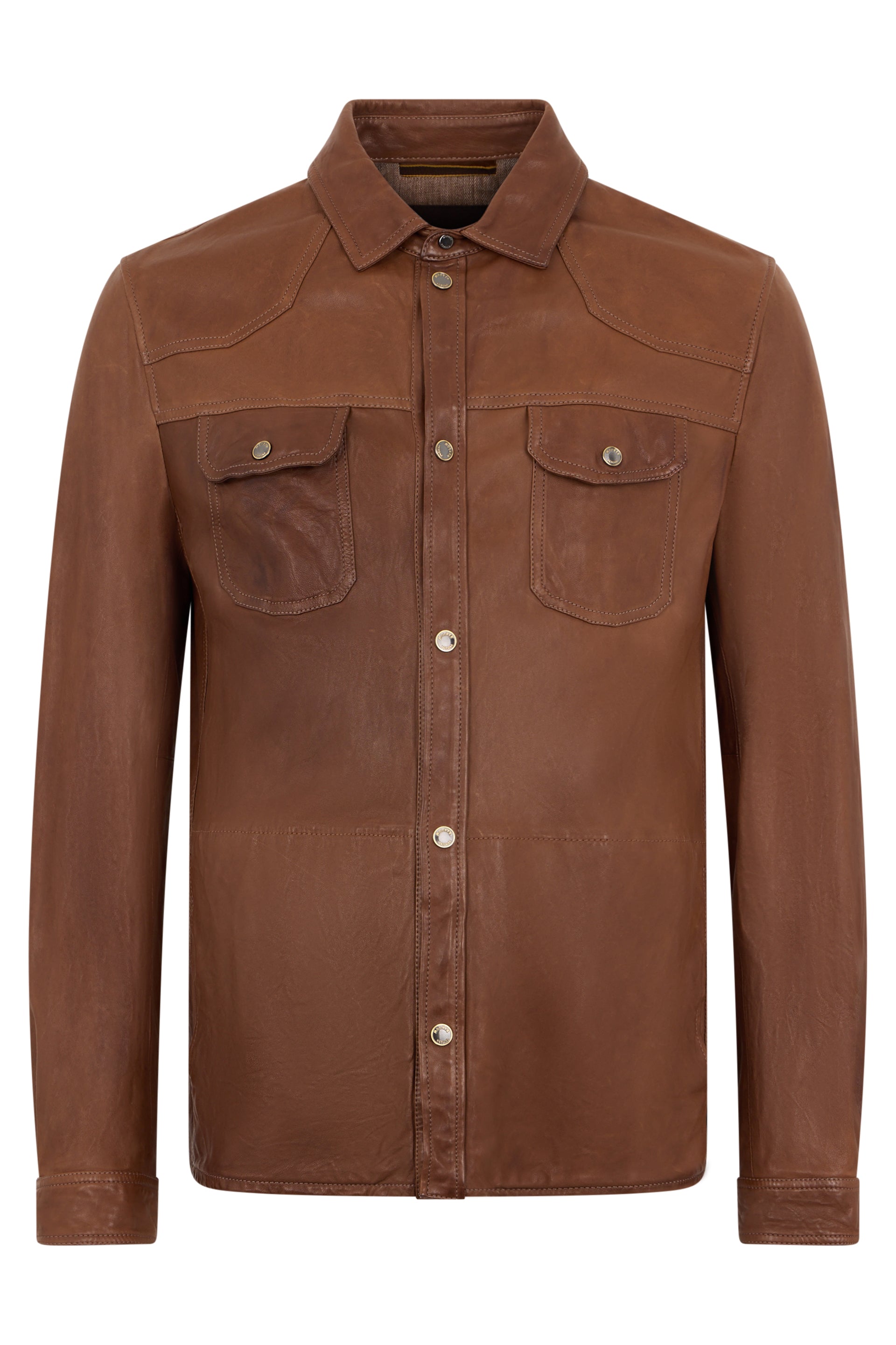 Brown leather shirt with elegant pockets.