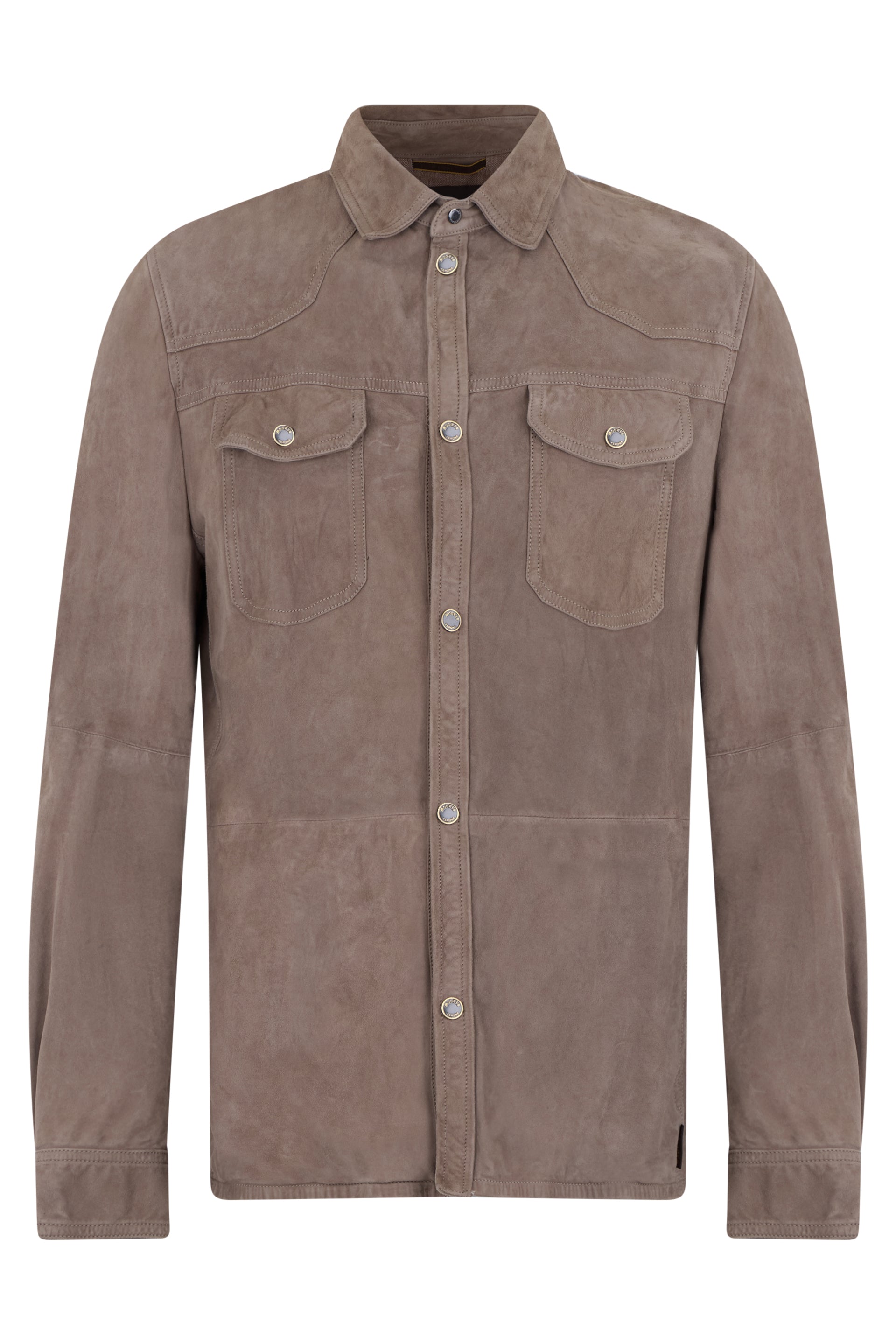 Taupe leather shirt with long sleeves and practical pockets