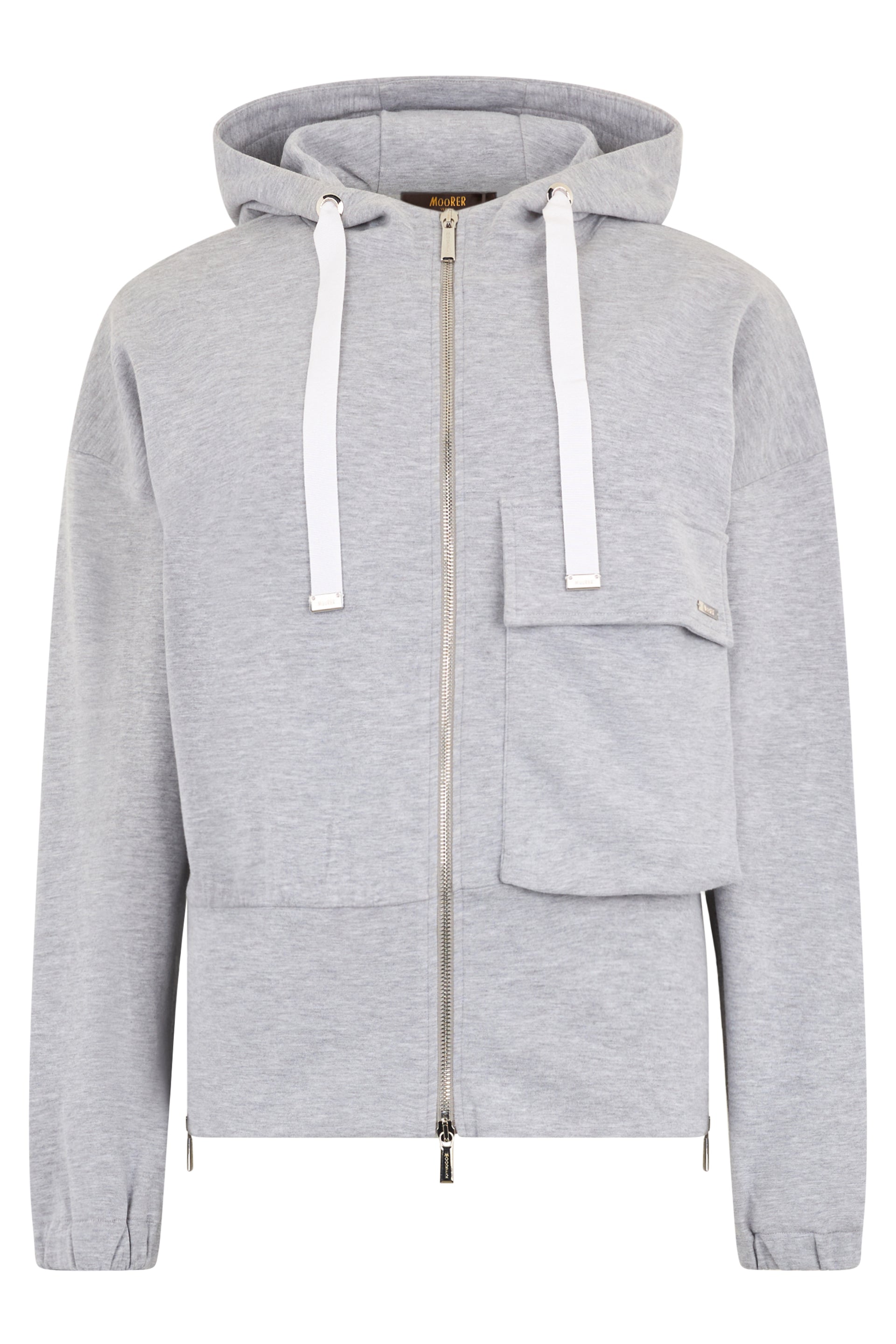 Gray melange hoodie with zipper, versatile and sophisticated design.
