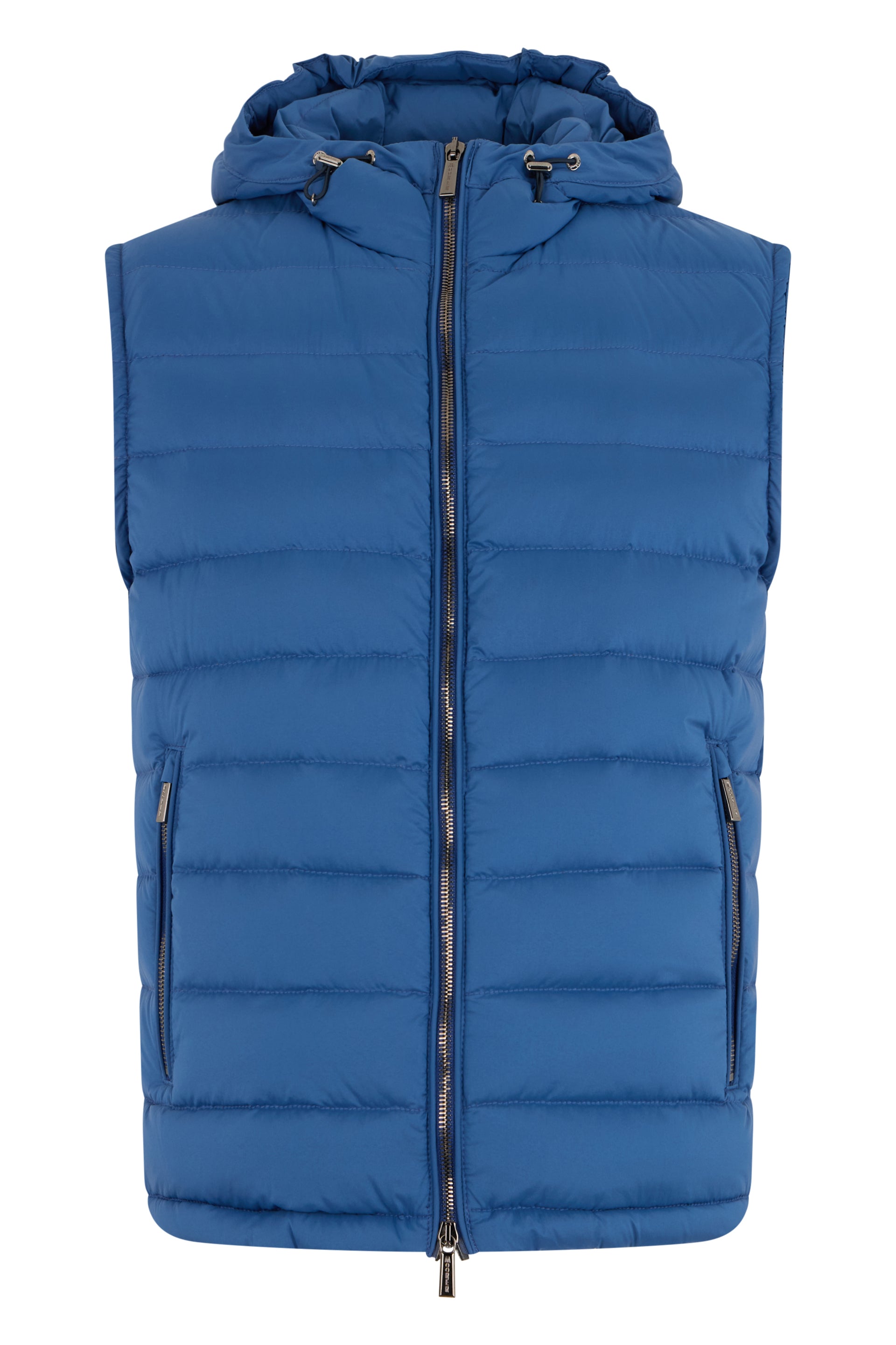 Blue padded gilet with versatile hood