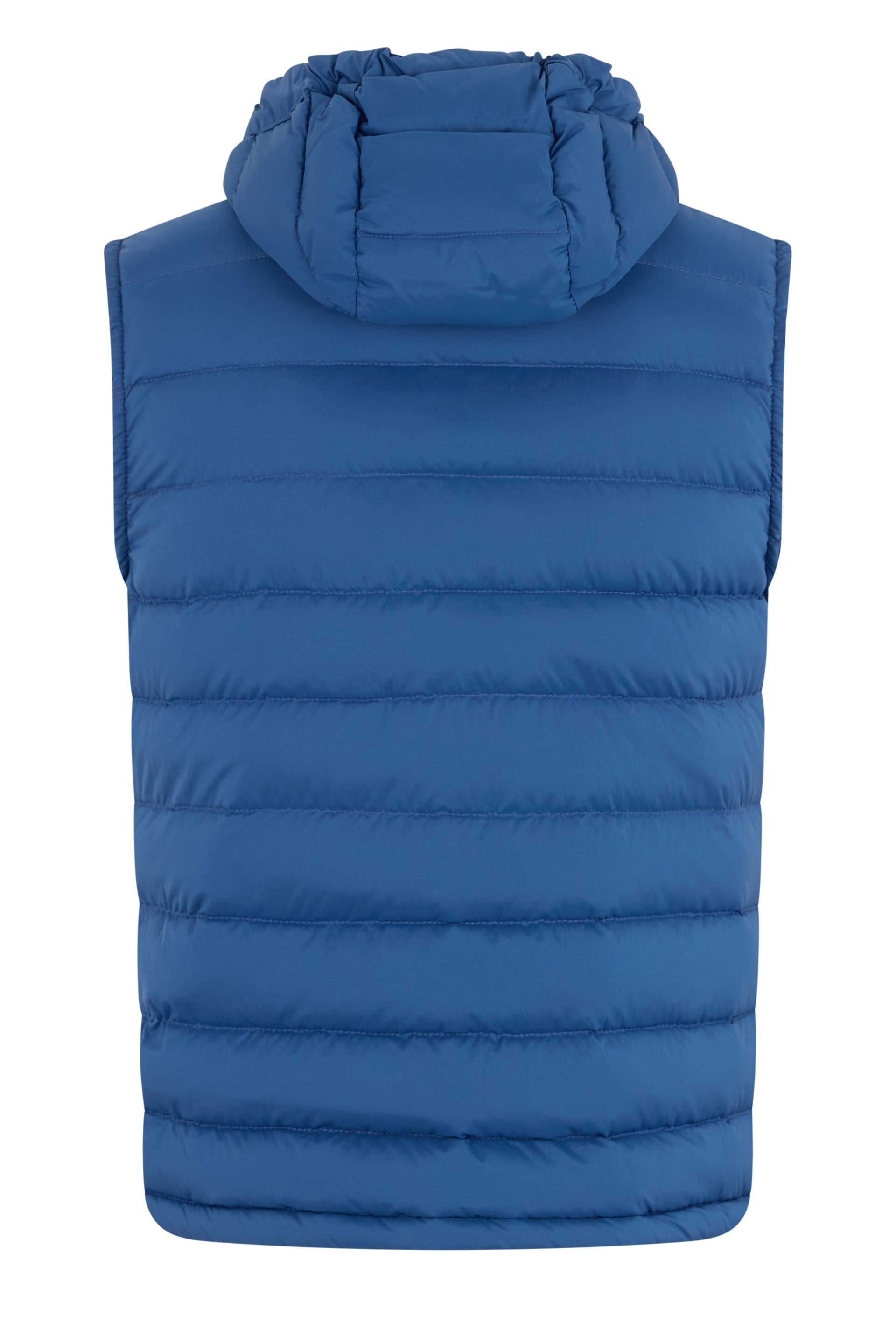 Blue padded gilet with versatile hood