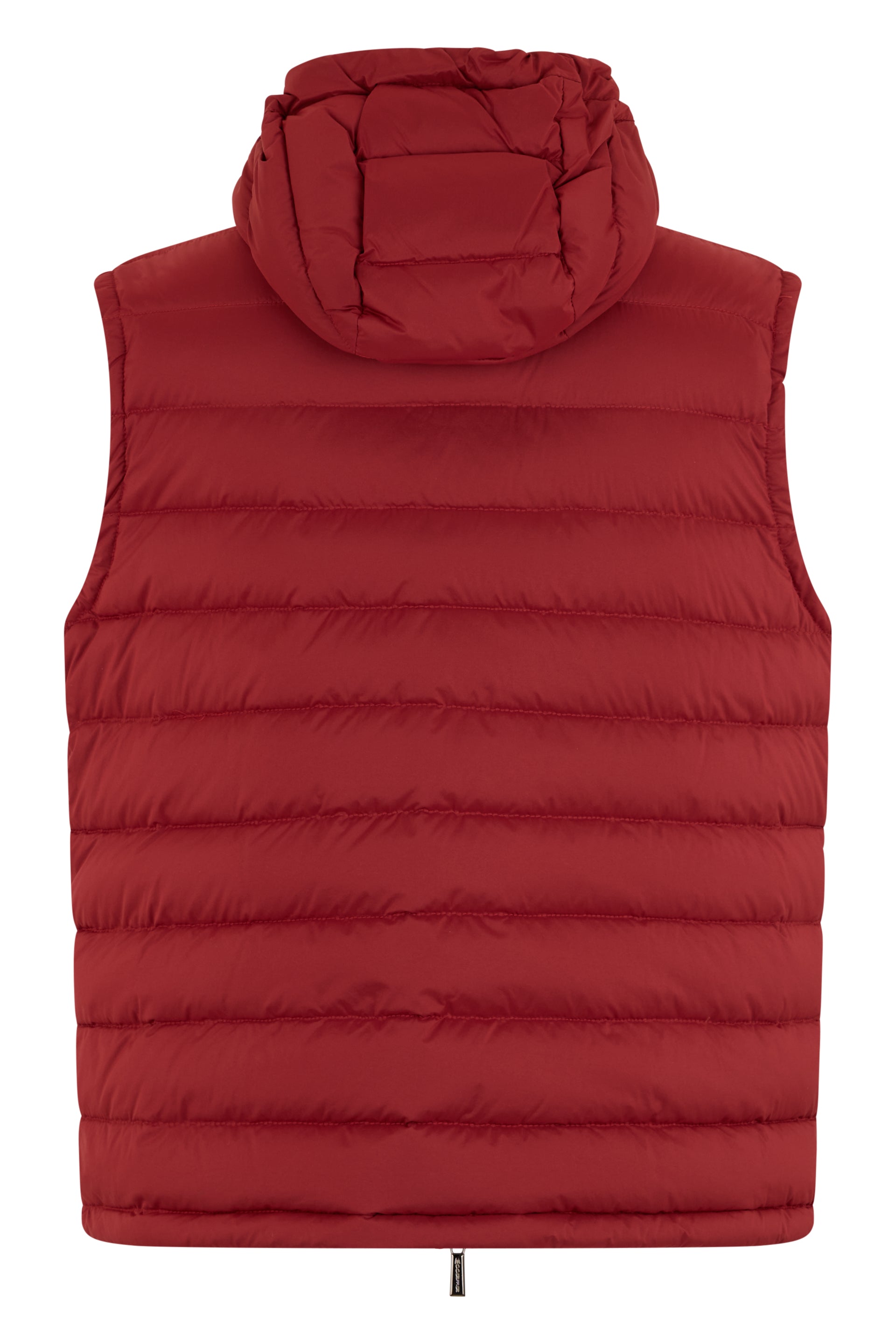 Red padded gilet with practical hood