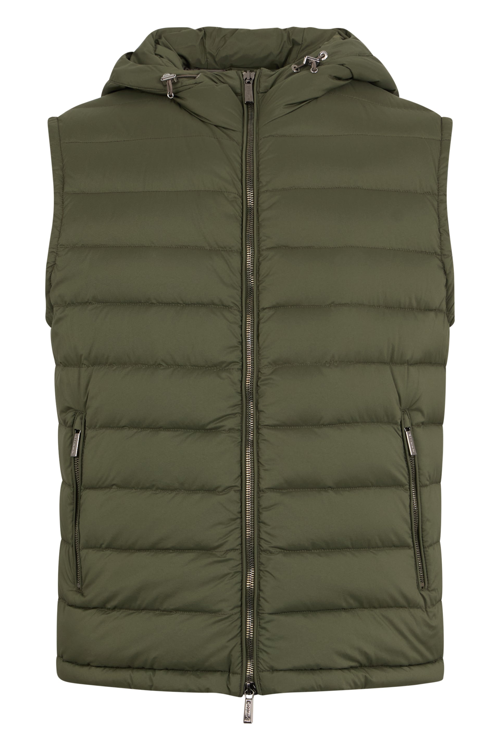 Green sleeveless jacket, minimal and versatile.