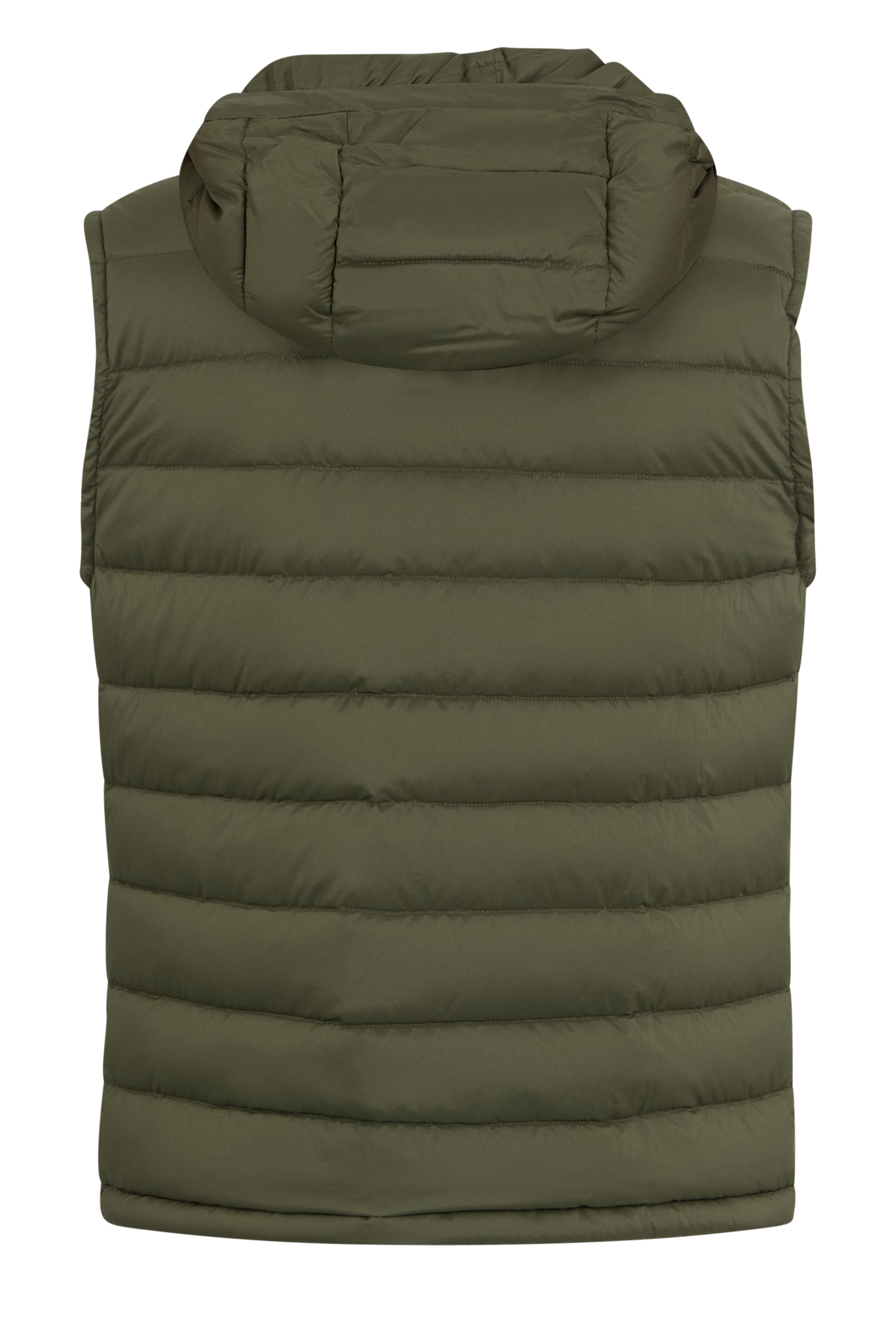 Green sleeveless jacket, minimal and versatile.