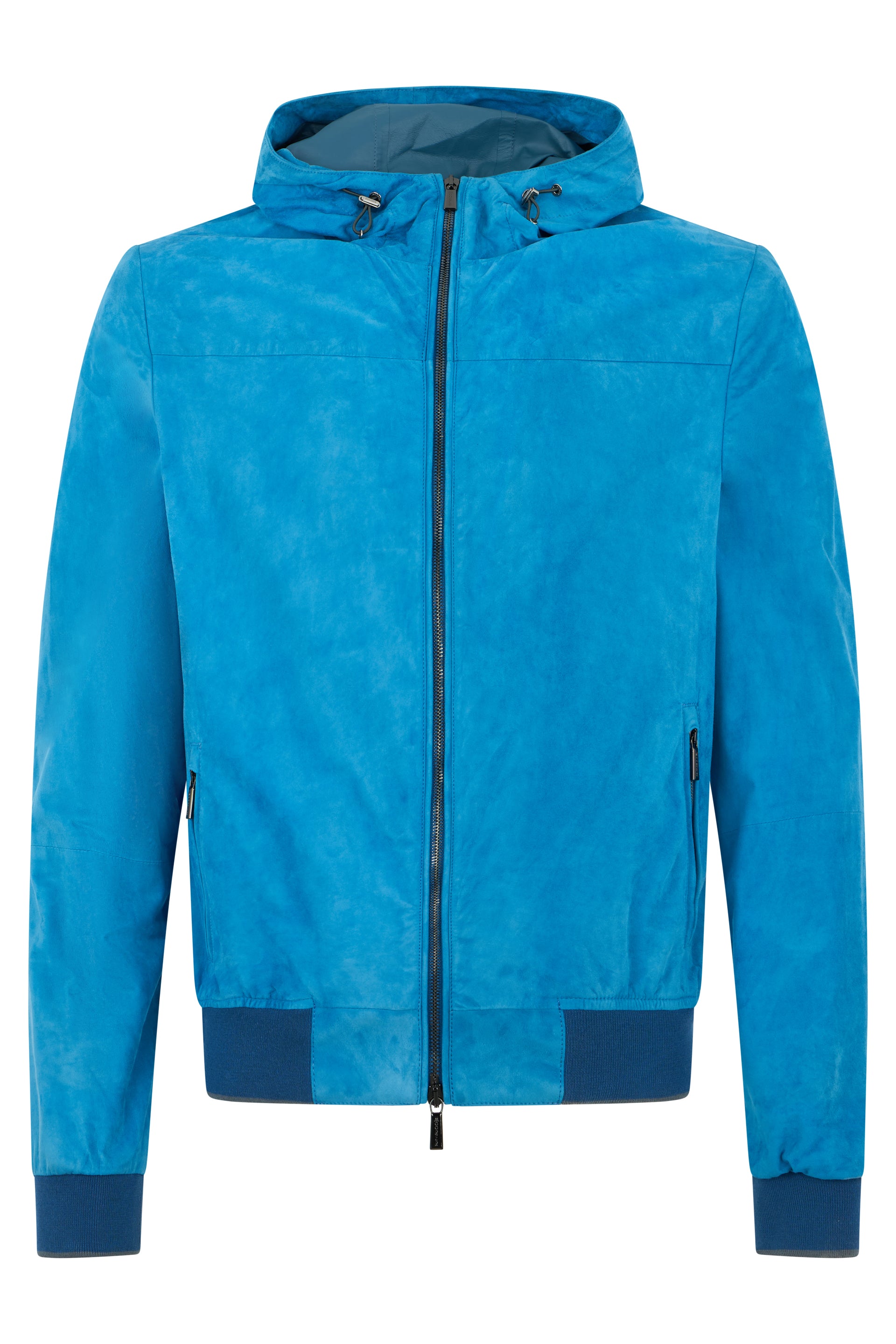 Blue leather jacket with versatile hood