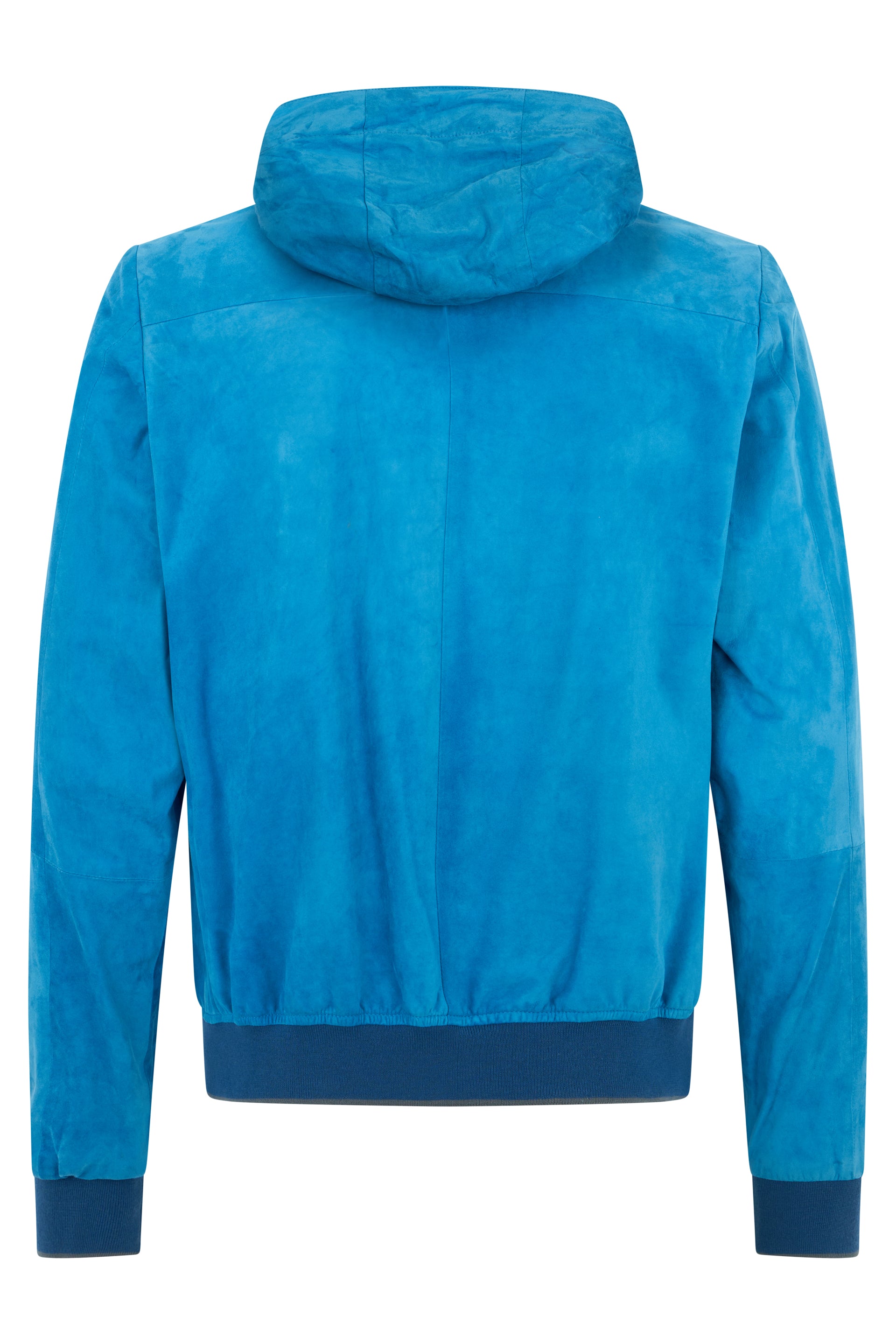 Blue leather jacket with versatile hood