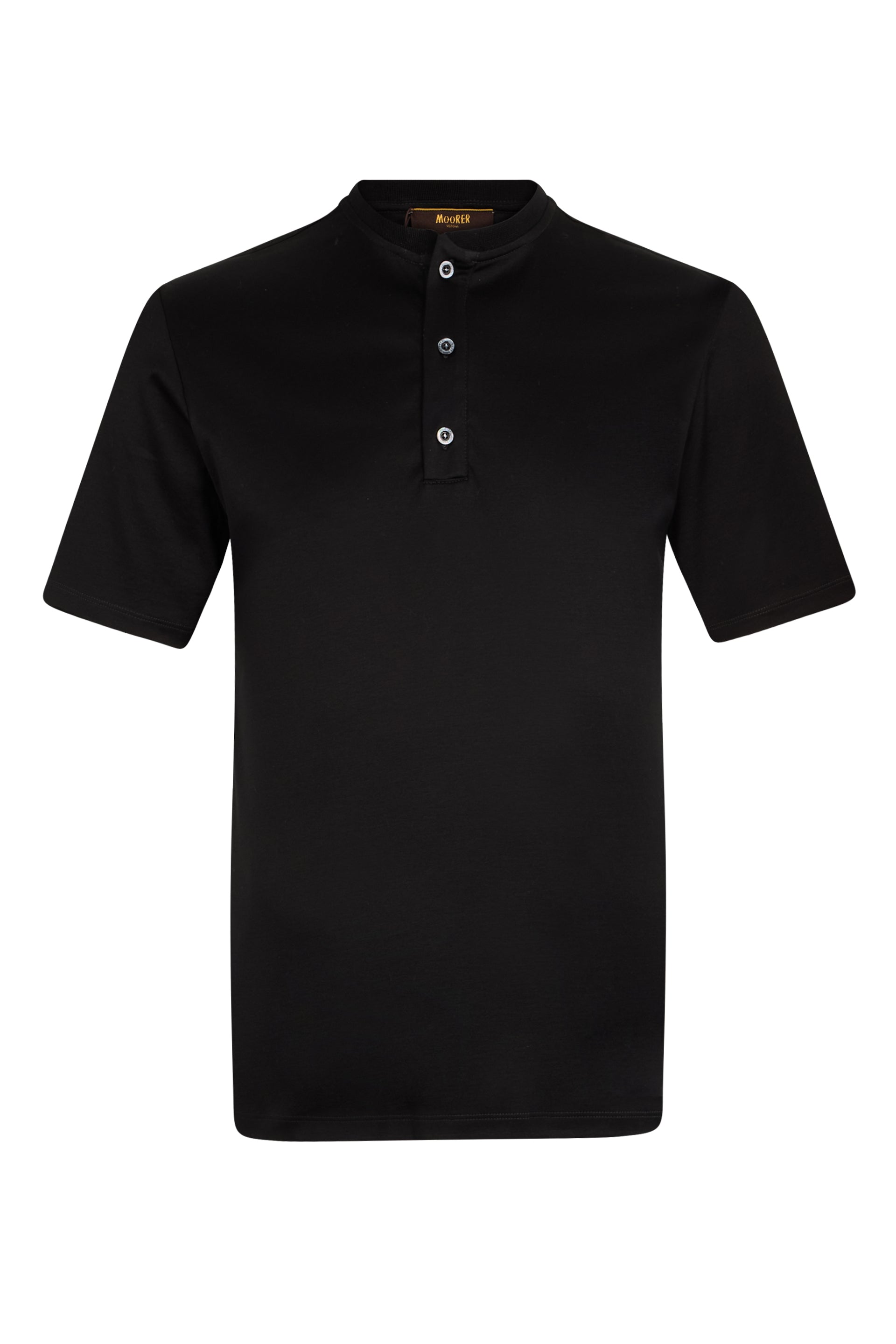 Black t-shirt with short sleeves and buttons, casual and versatile.