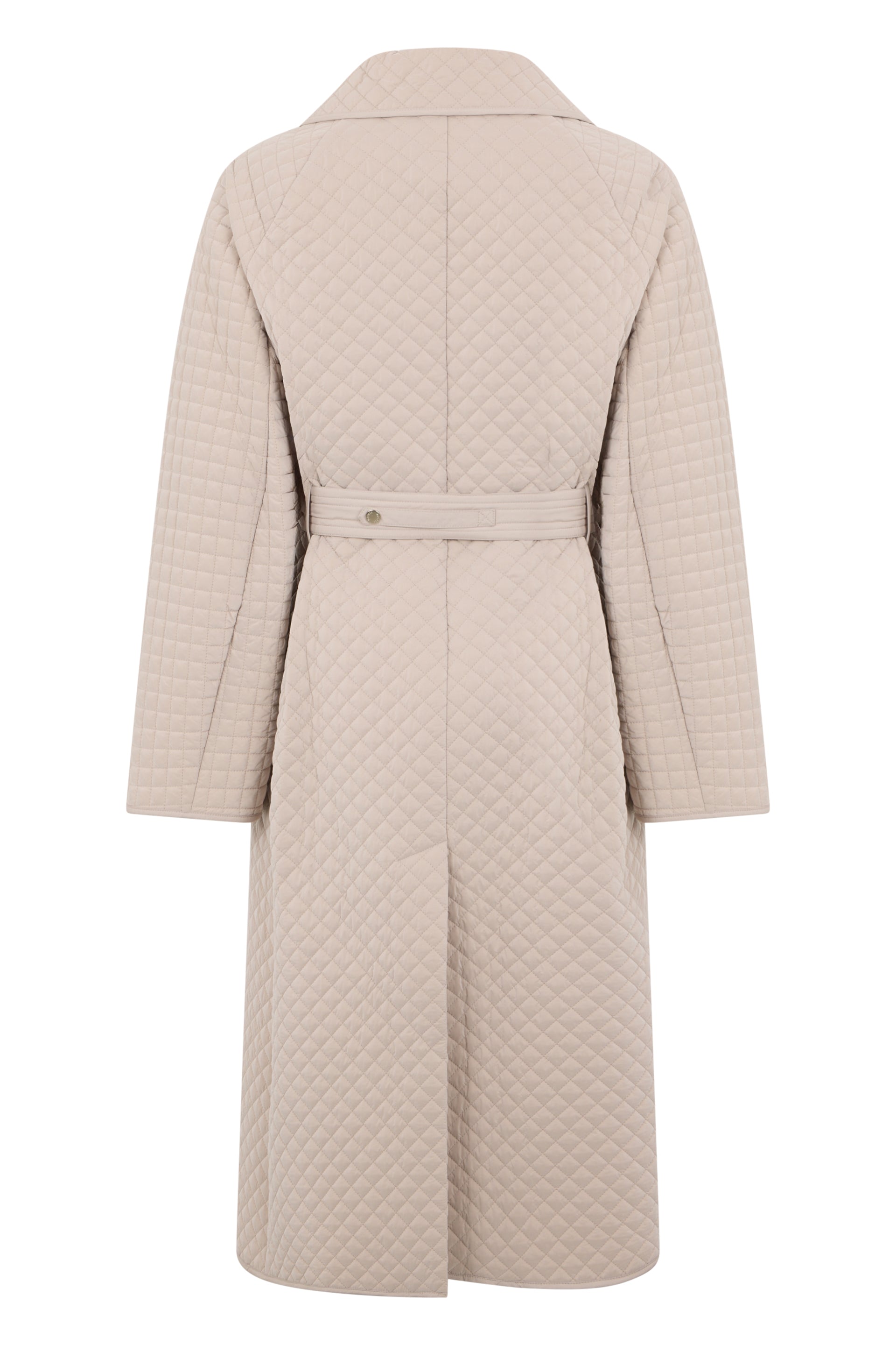 Beige padded trench with a versatile style.