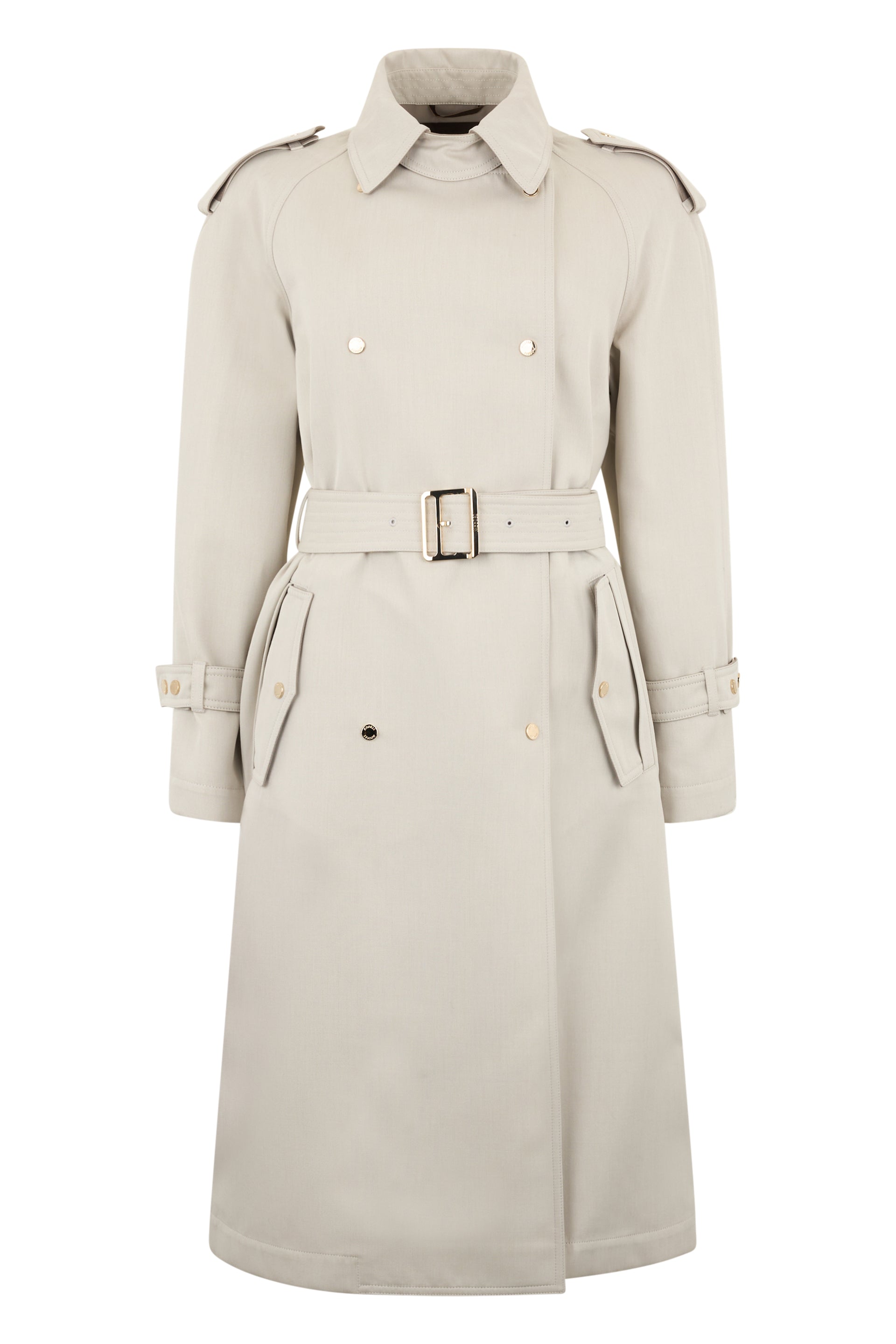 Elegant sand color trench coat with belt and buttons.