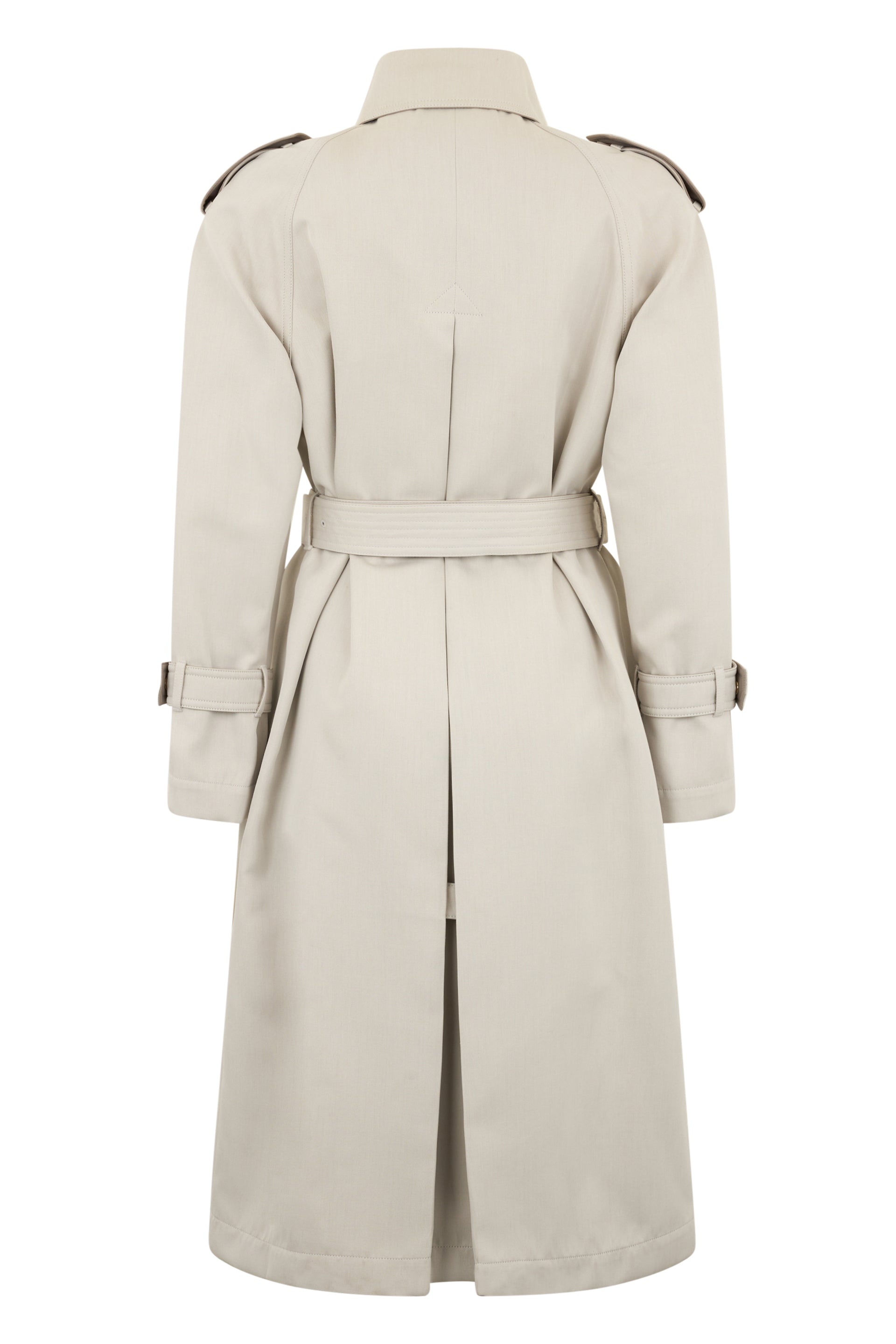 Elegant sand color trench coat with belt and buttons.