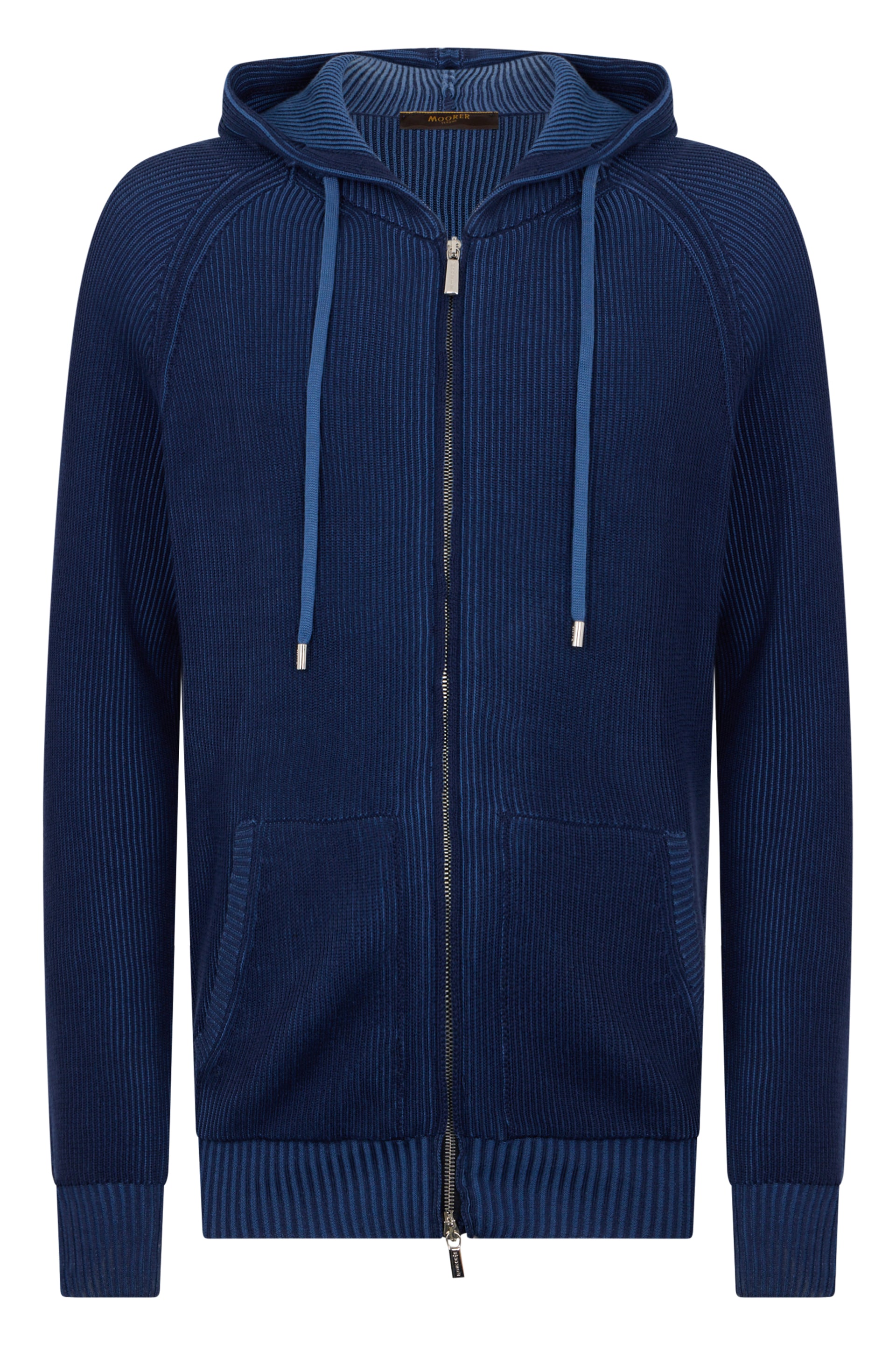 Dark blue ribbed sweater with zipper and hood.