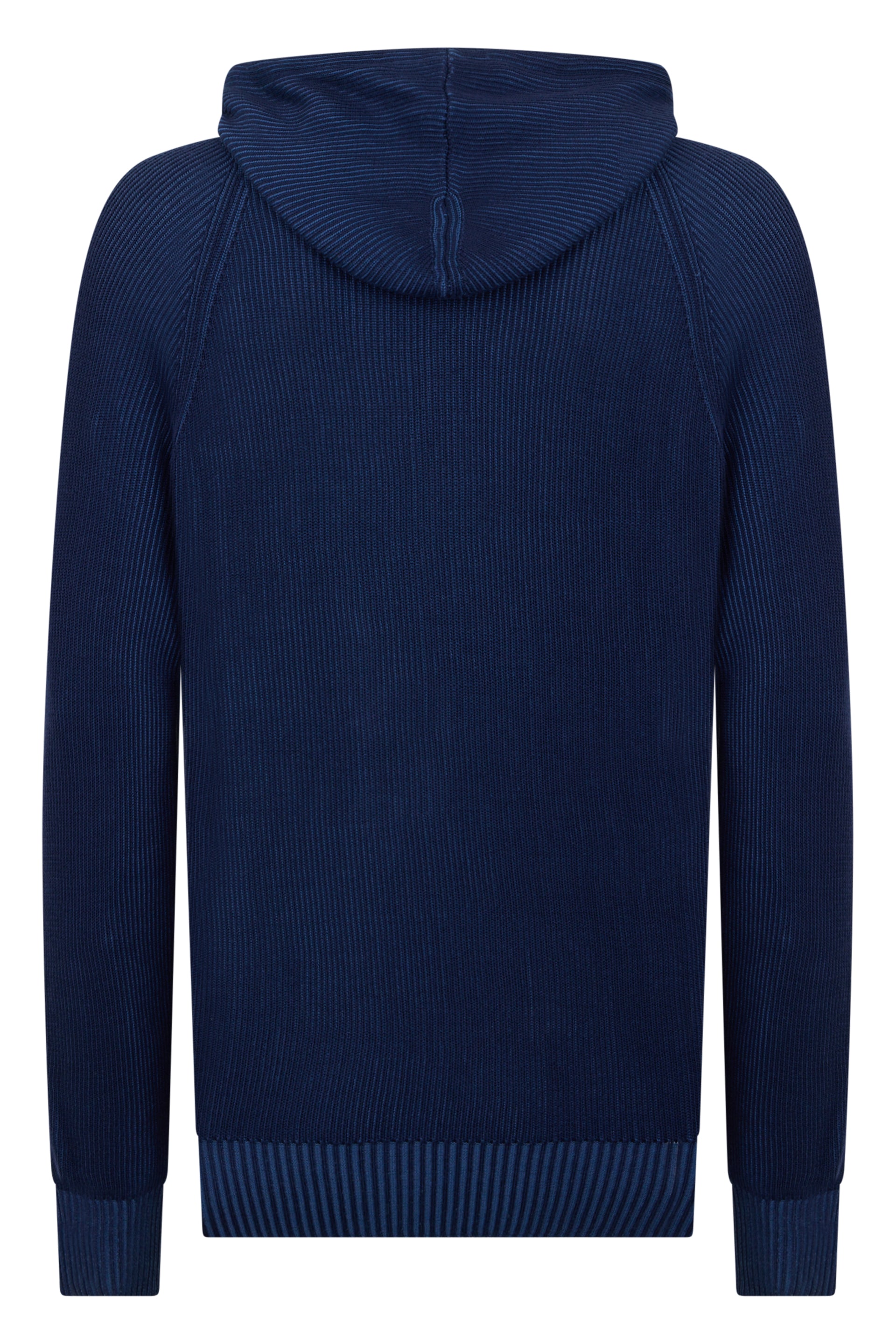 Dark blue ribbed sweater with zipper and hood.