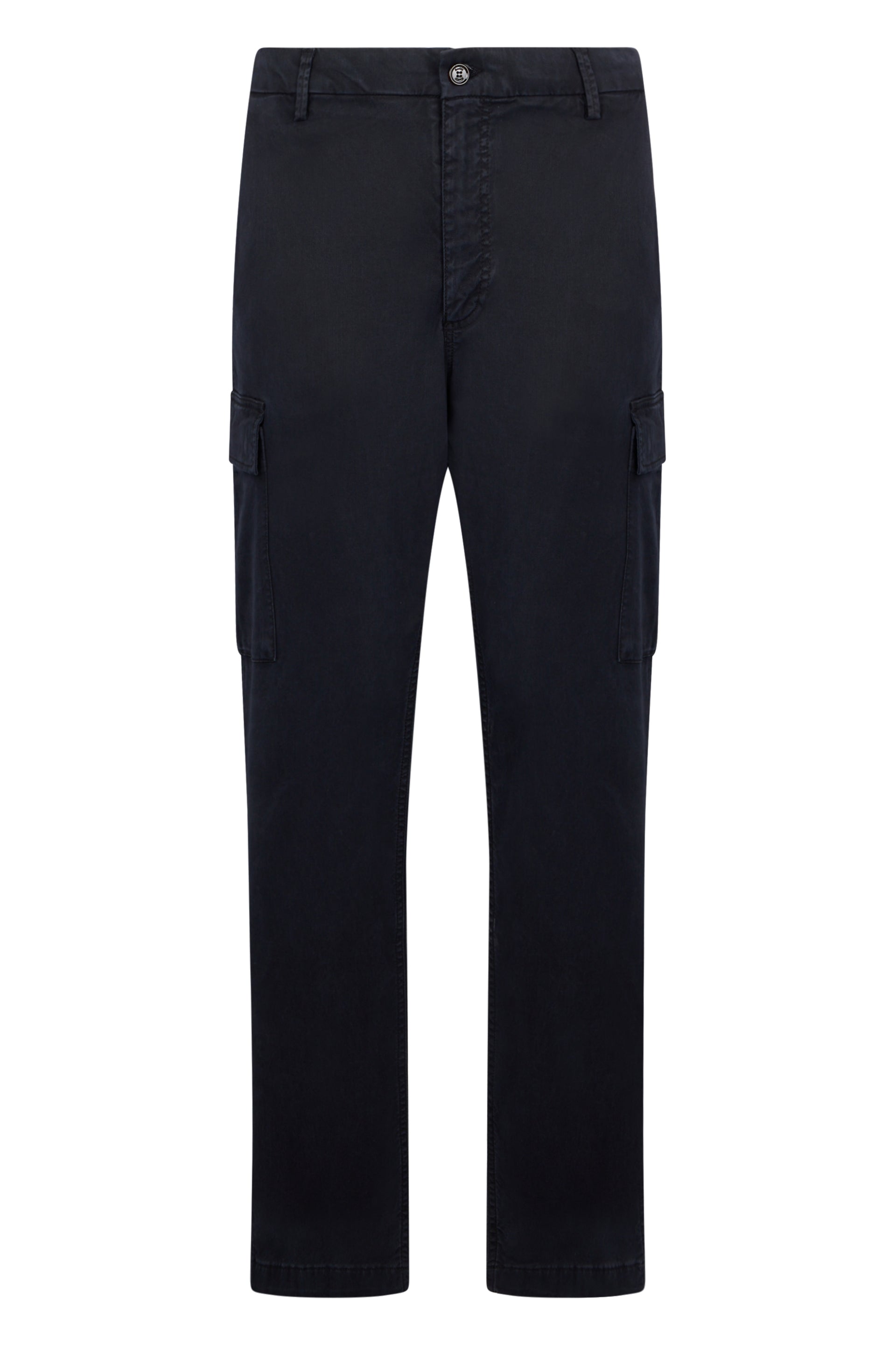 Dark blue cargo pants, casual and versatile.