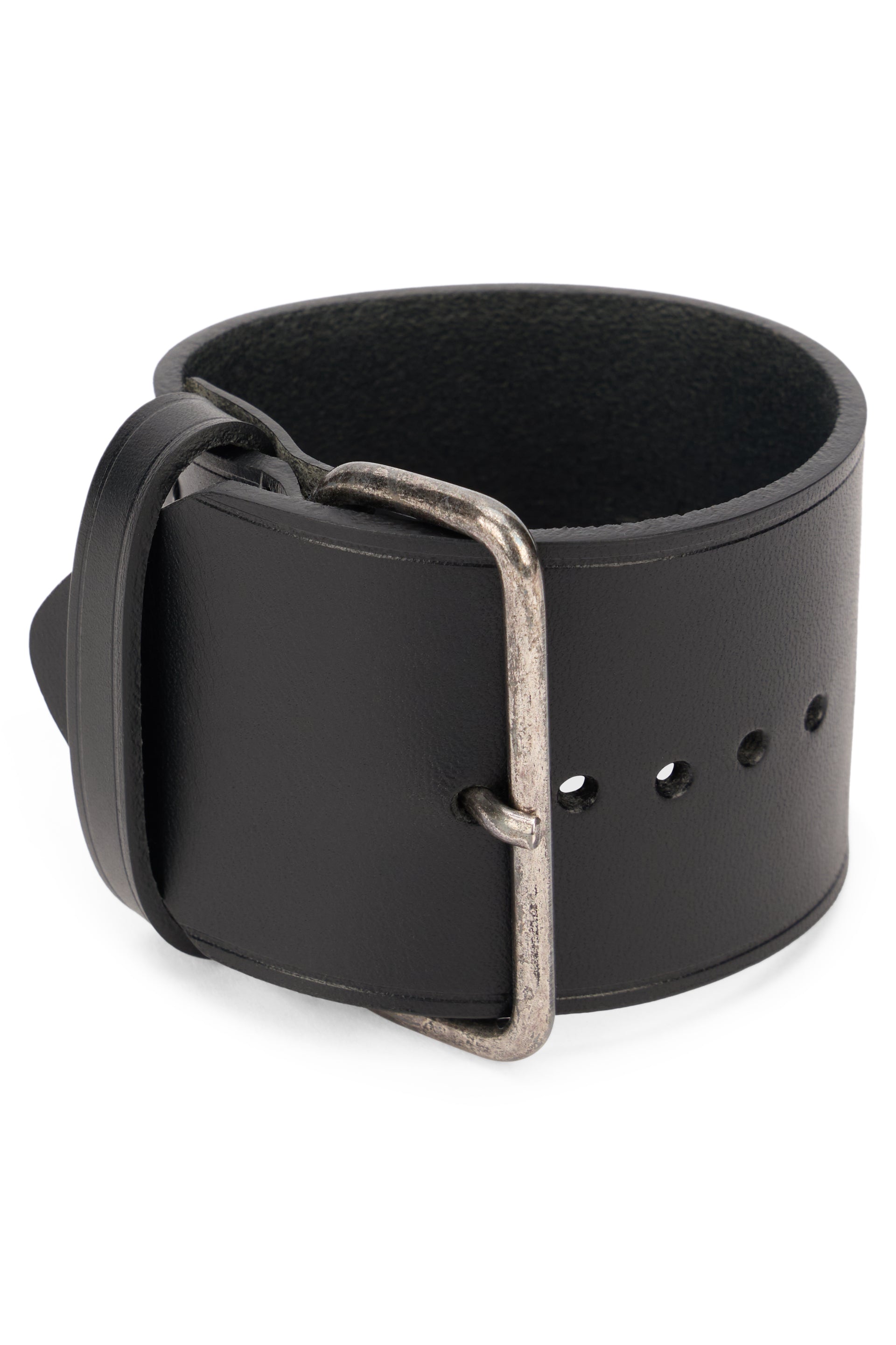 Elegant black bracelet with buckle closure.