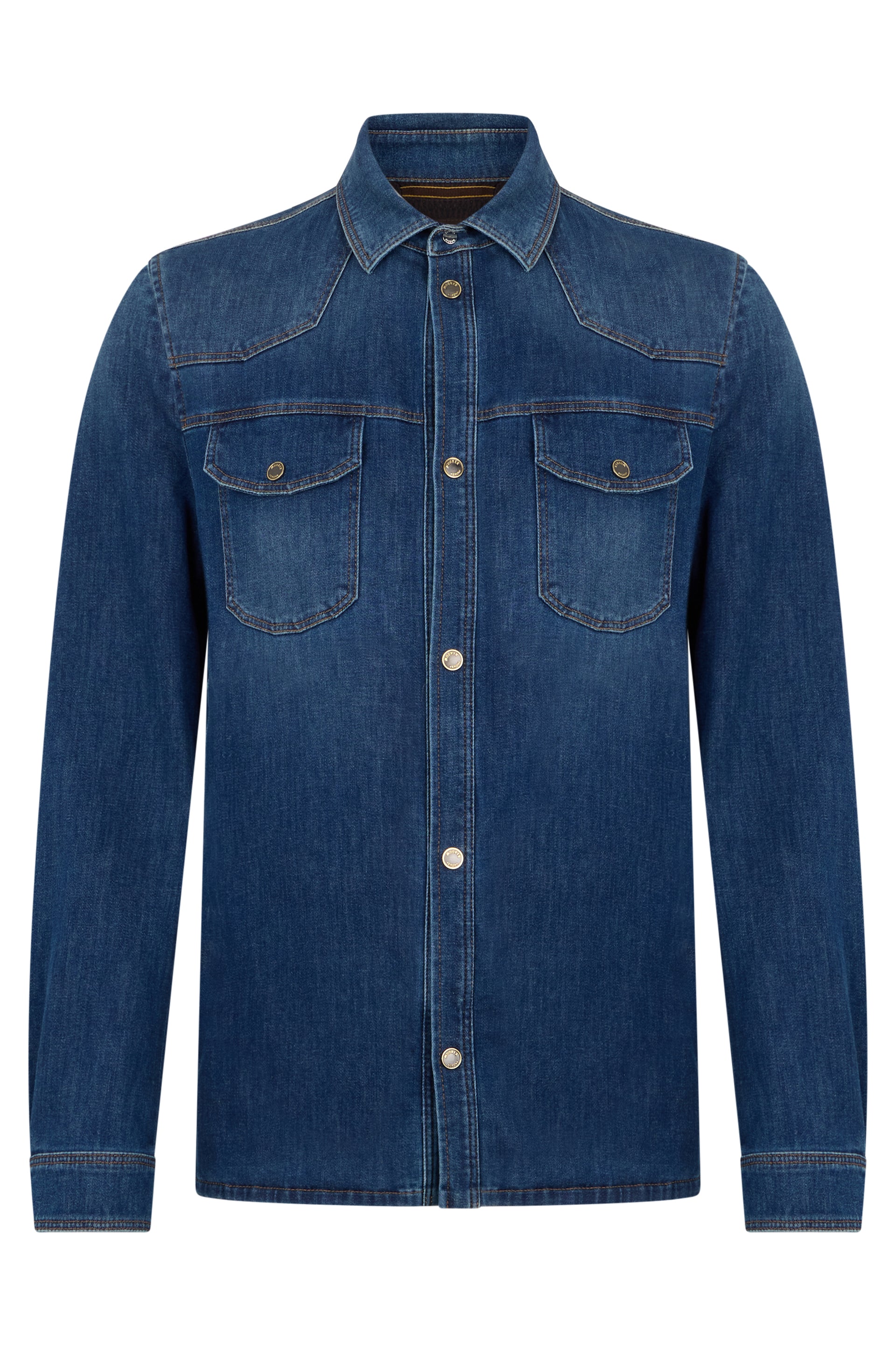 Classic and versatile dark blue denim shirt.