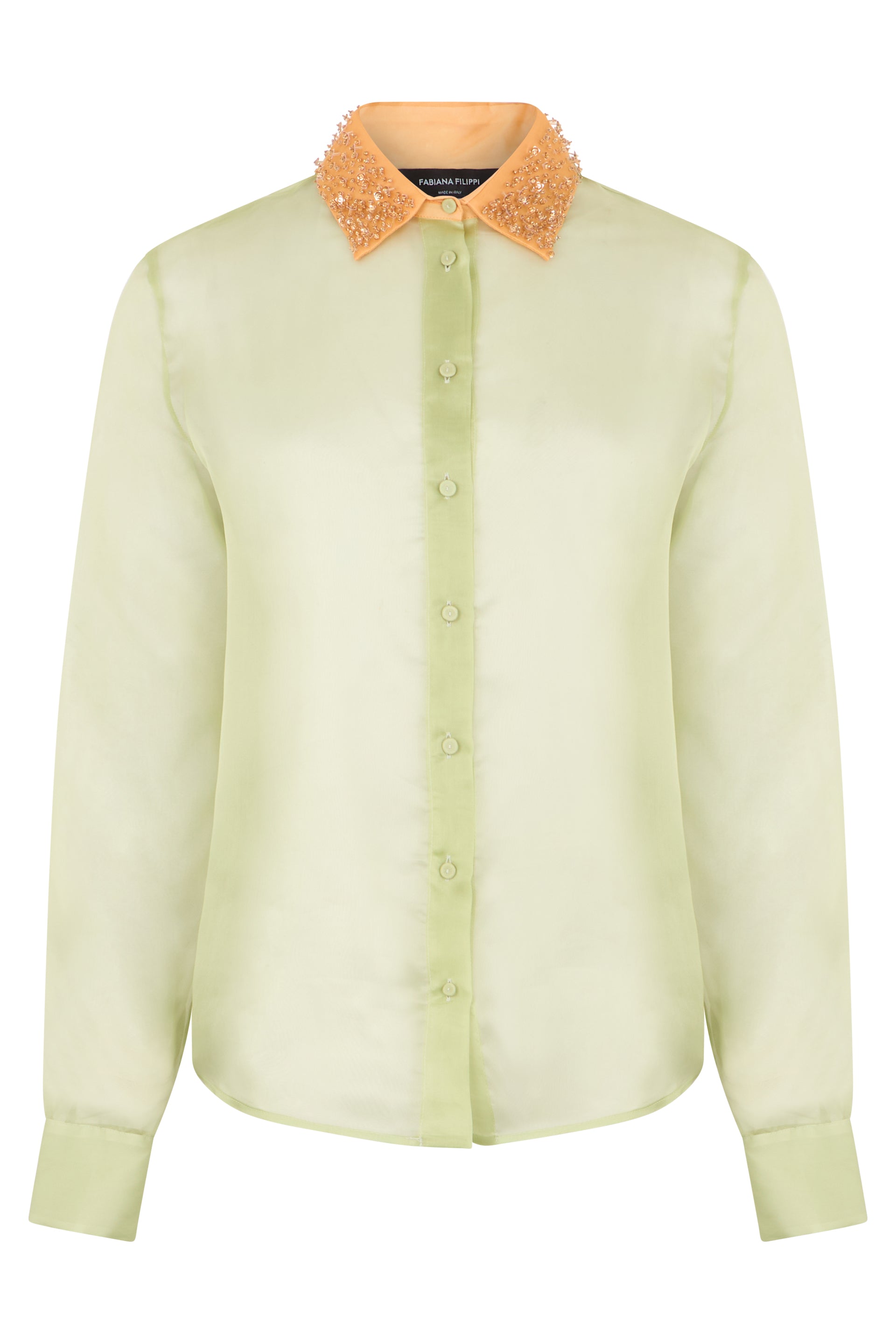 Light green shirt with elegant orange collar