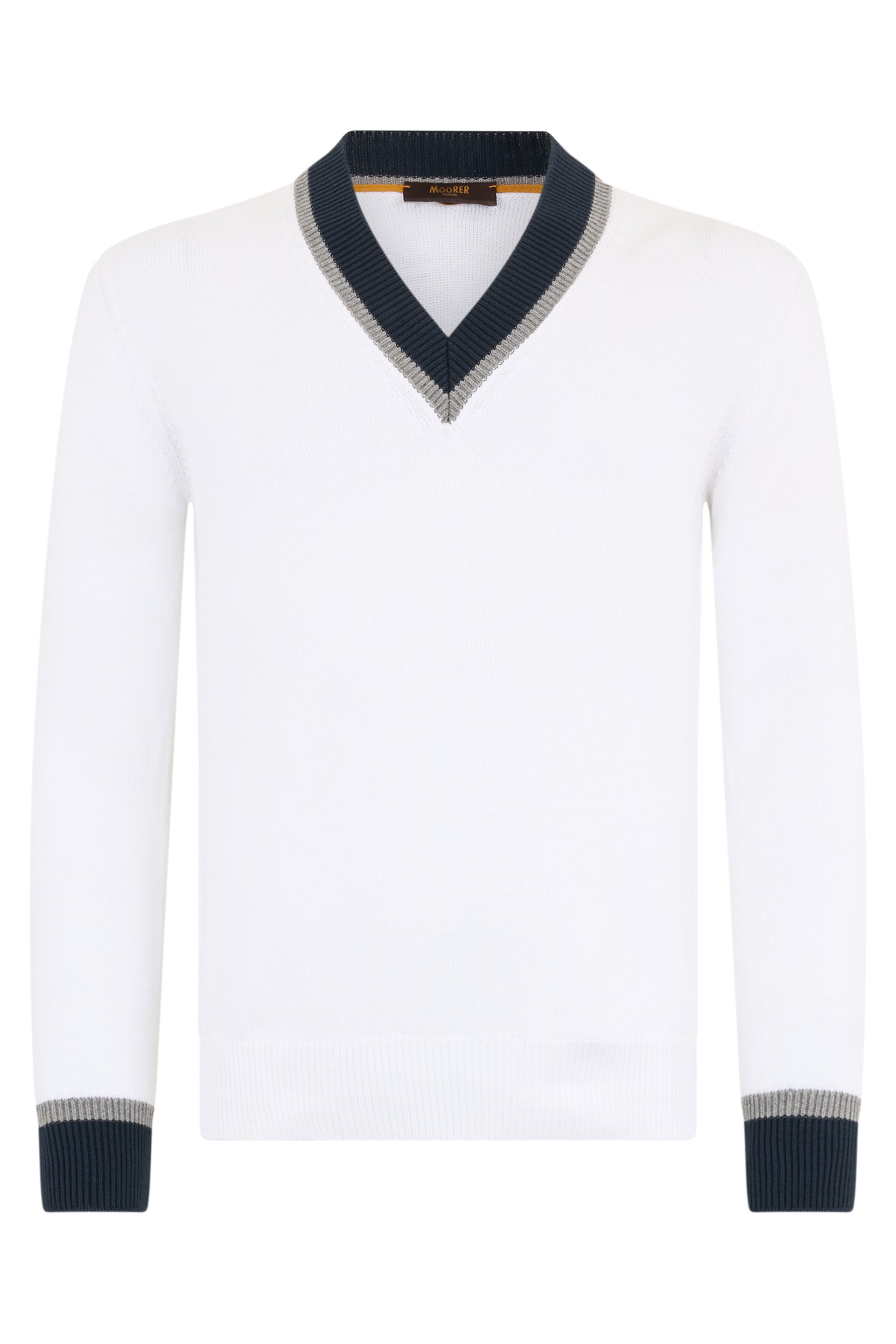White sweater with V-neck and dark blue details.