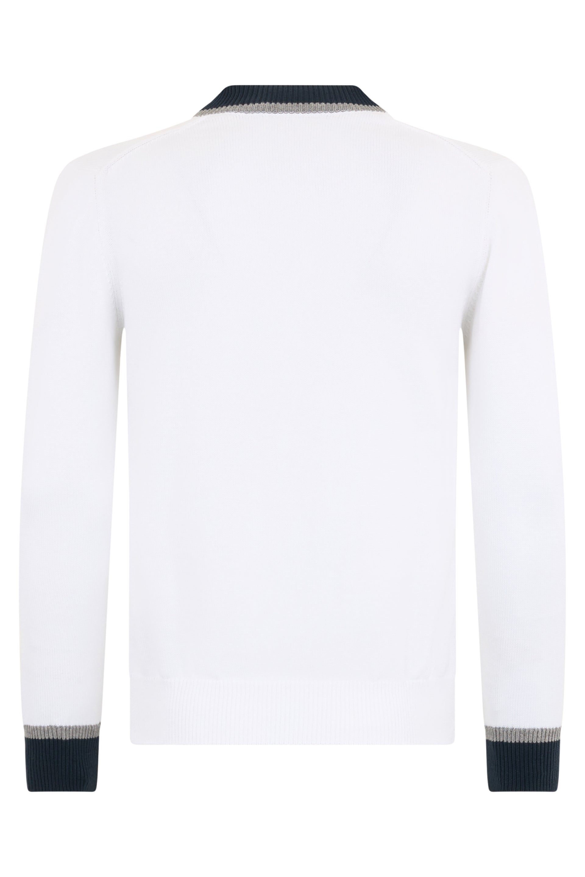 White sweater with V-neck and dark blue details.