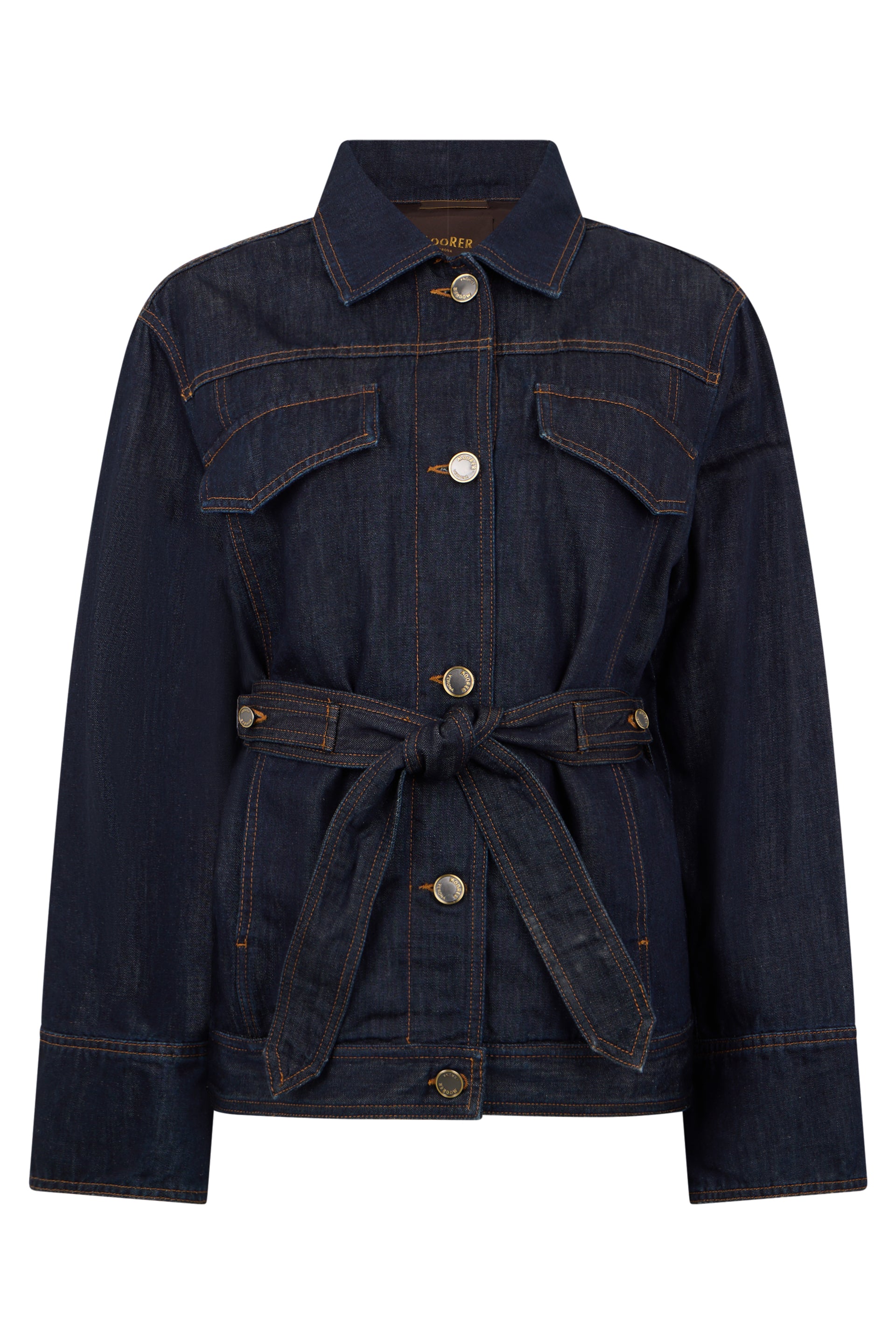 Dark blue denim jacket, casual and modern.
