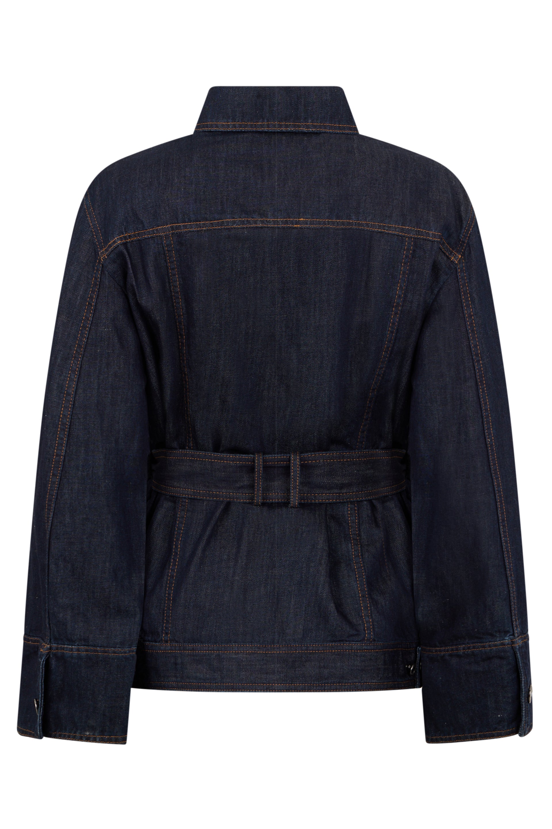 Dark blue denim jacket, casual and modern.