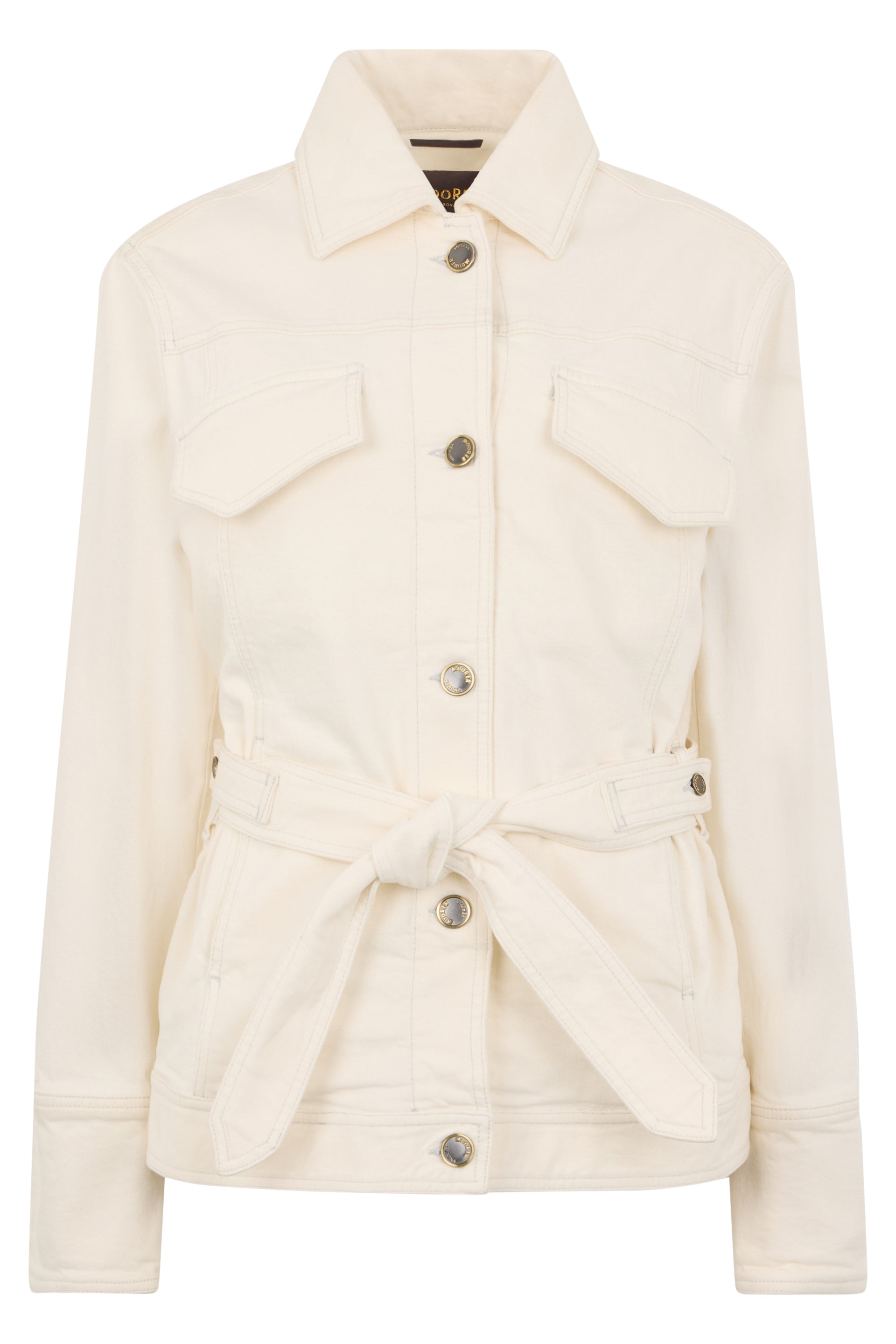 White denim jacket with a modern and versatile design.