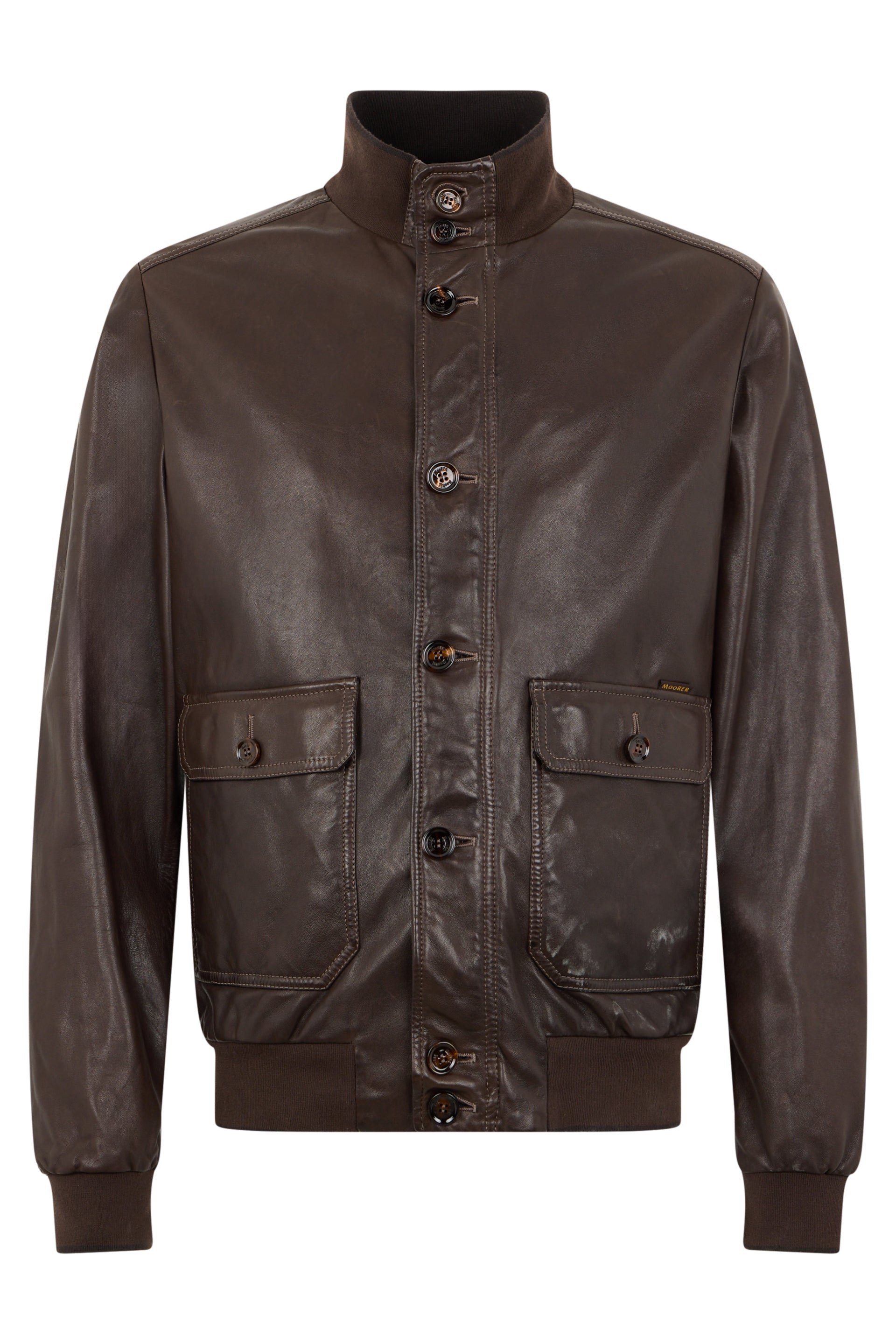 Brown leather jacket, modern and practical style.