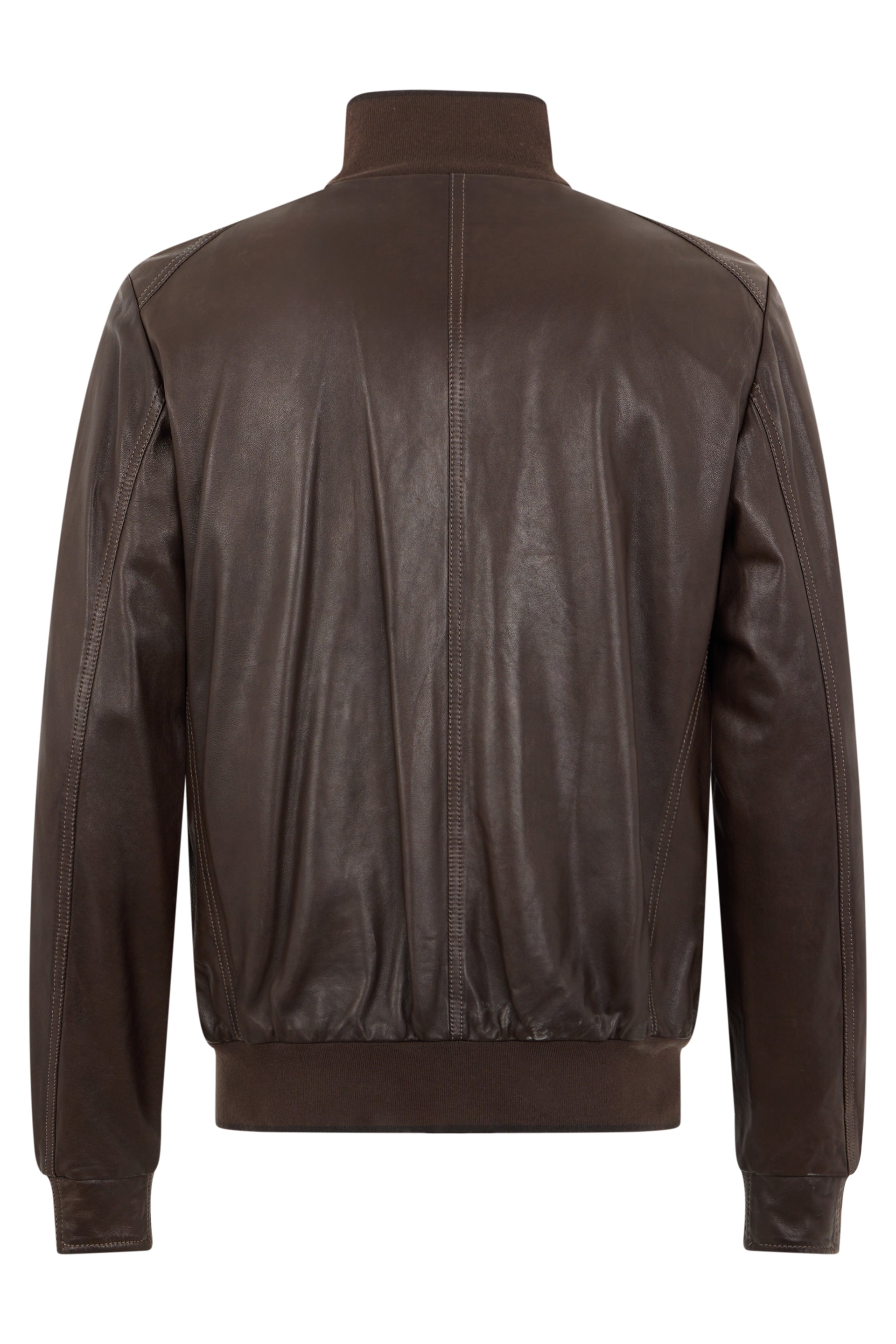 Brown leather jacket, modern and practical style.