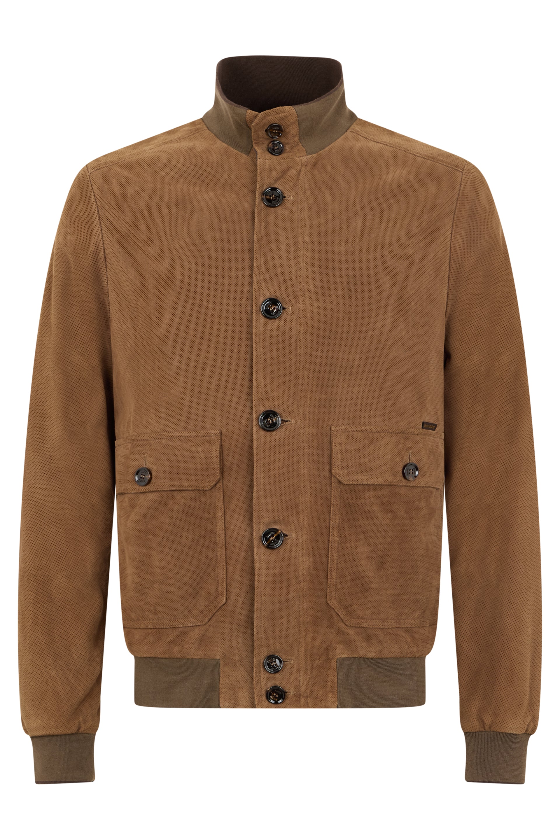 Camel-colored leather jacket with button closure.