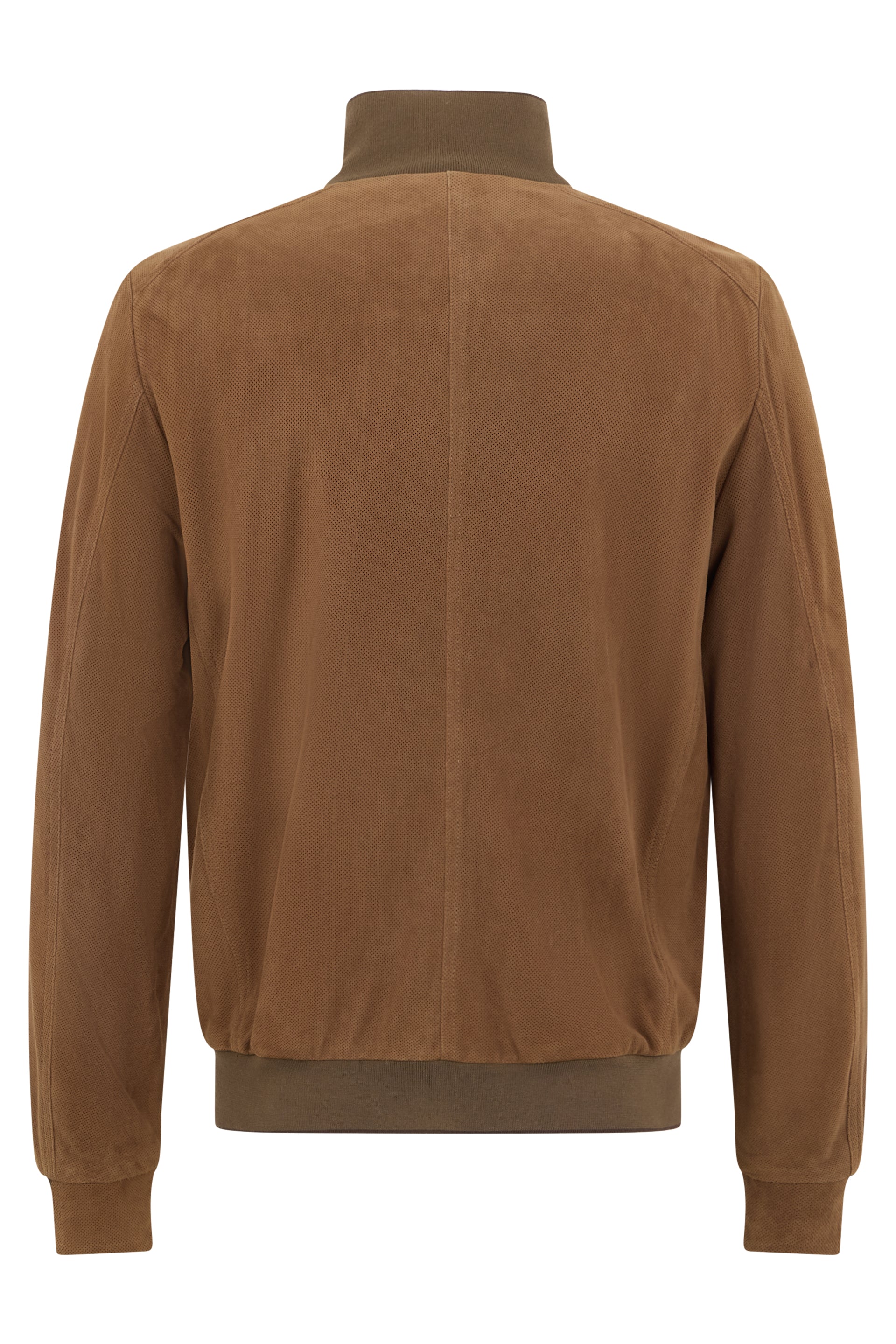 Camel-colored leather jacket with button closure.