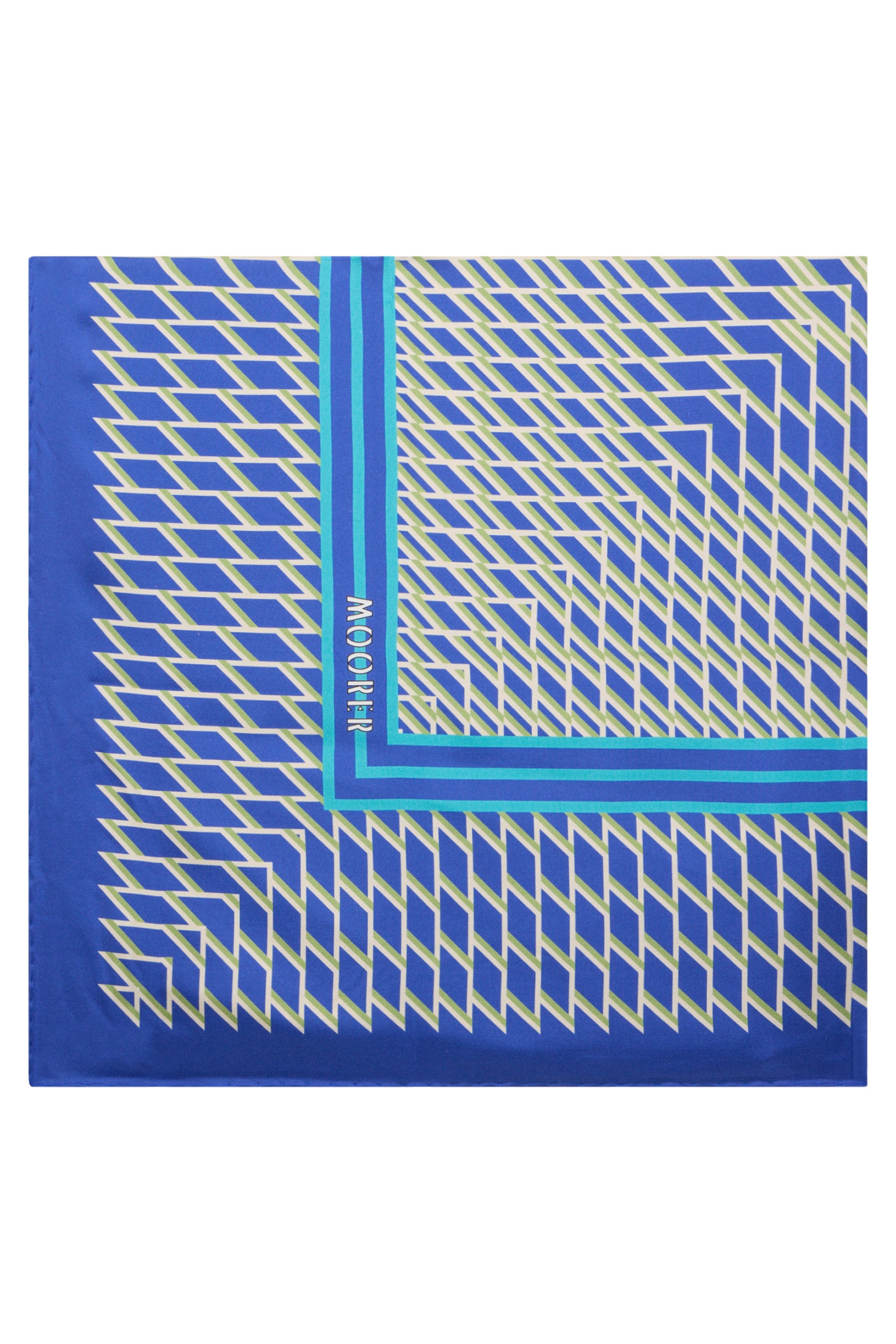 Scarf in shades of blue with a geometric pattern.