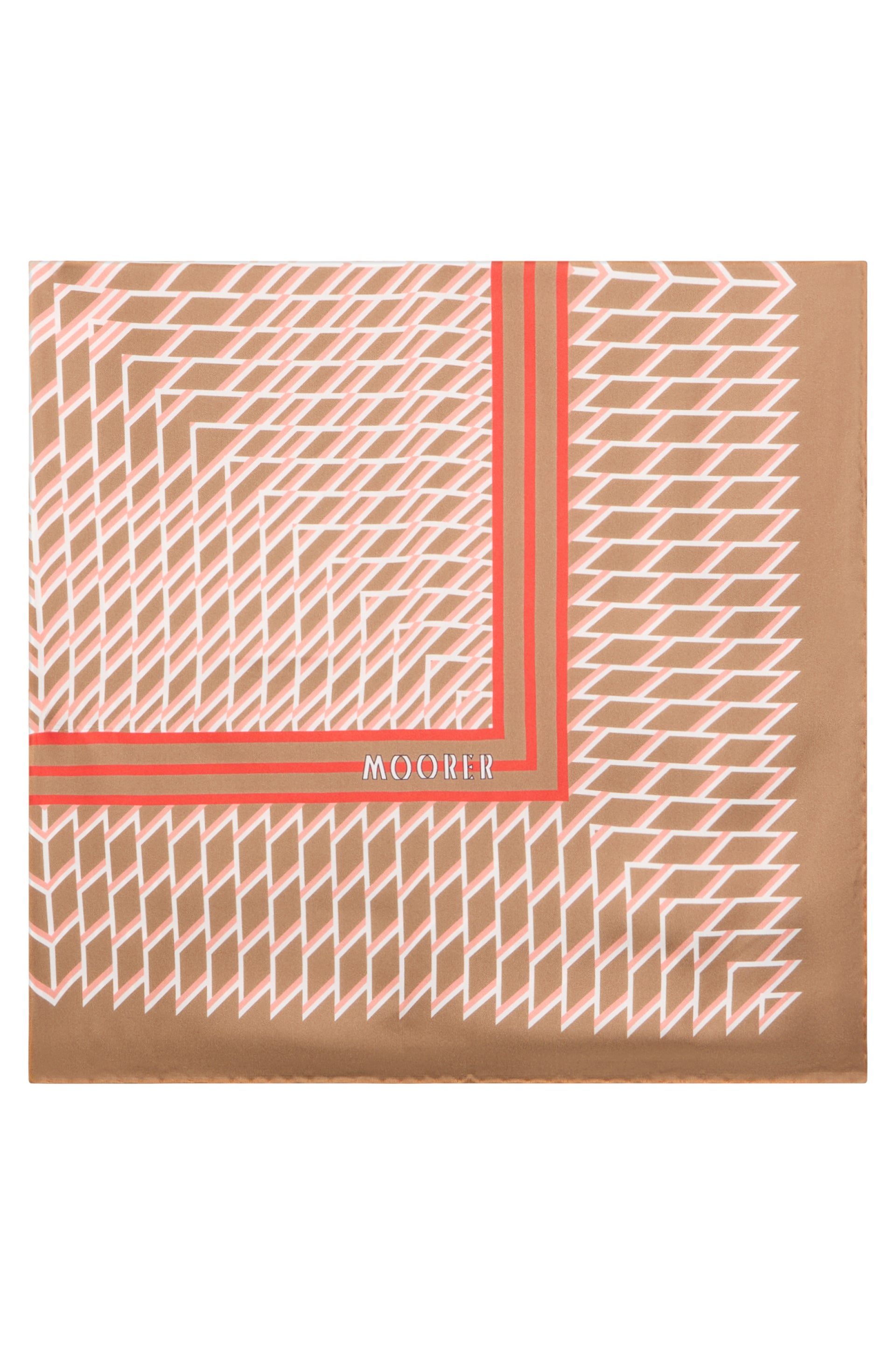 Beige scarf with modern geometric decorative pattern in shades of pink.