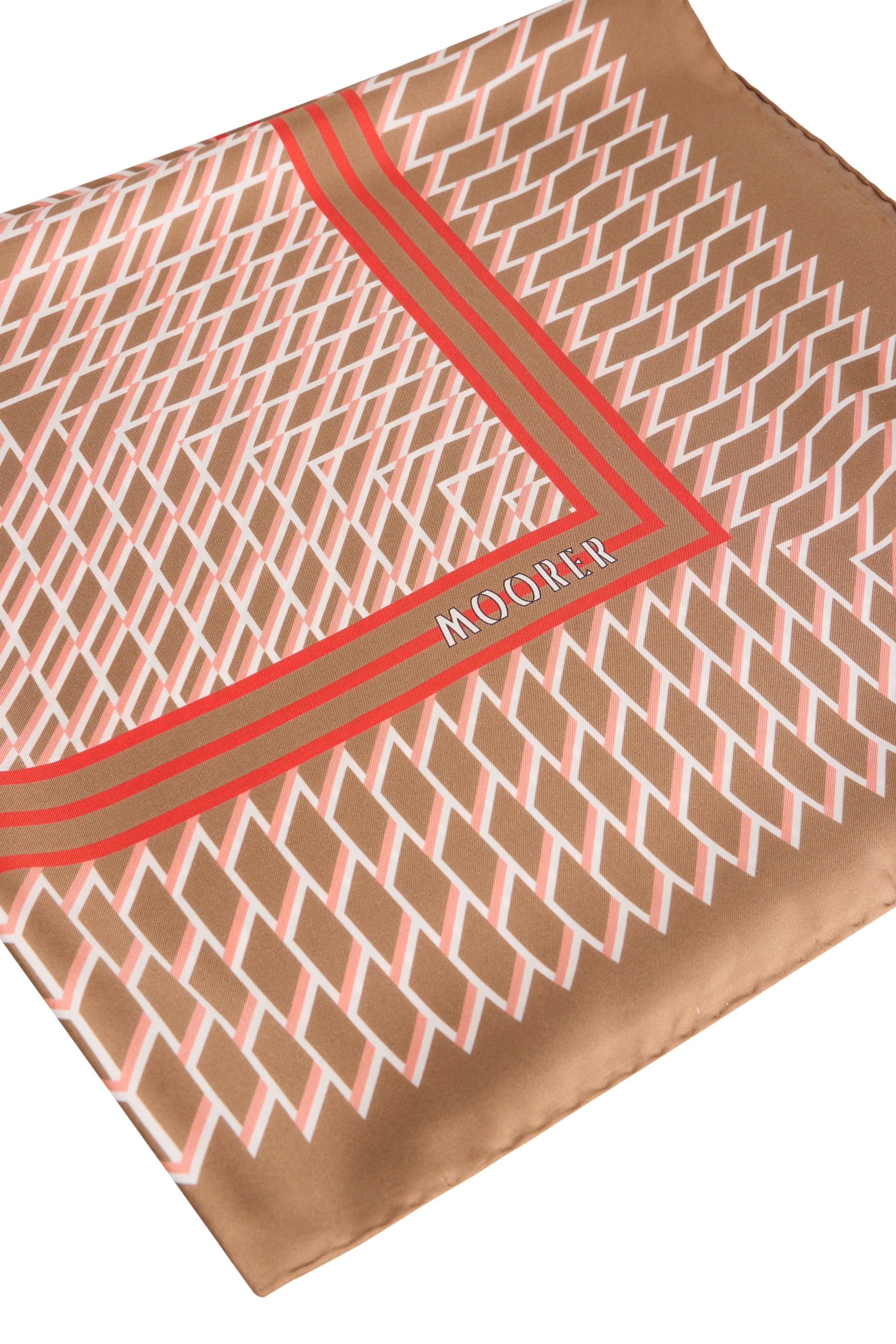 Beige scarf with modern geometric decorative pattern in shades of pink.