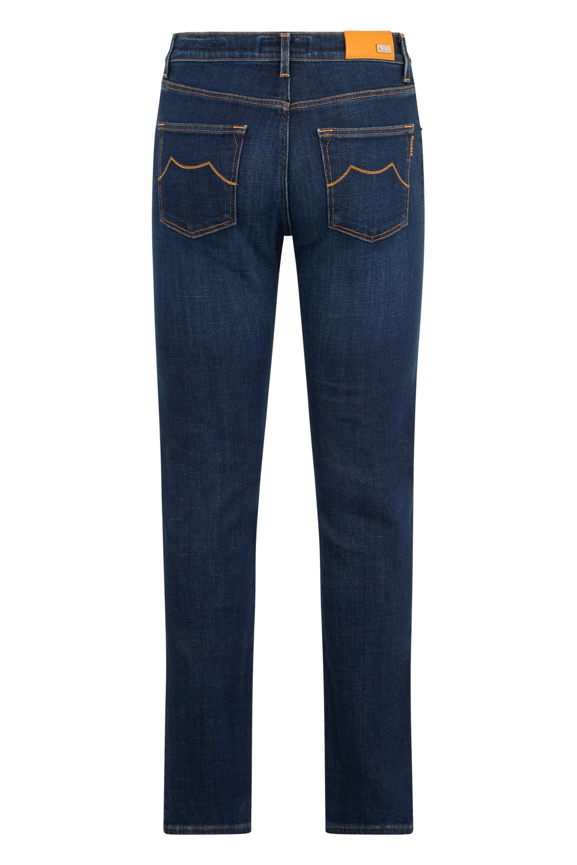 Dark denim jeans, classic and versatile fit.