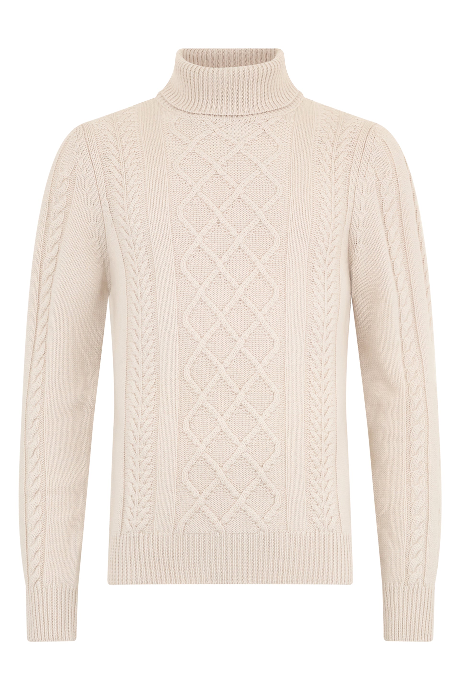 White cream sweater with high neck and minimal, versatile design.