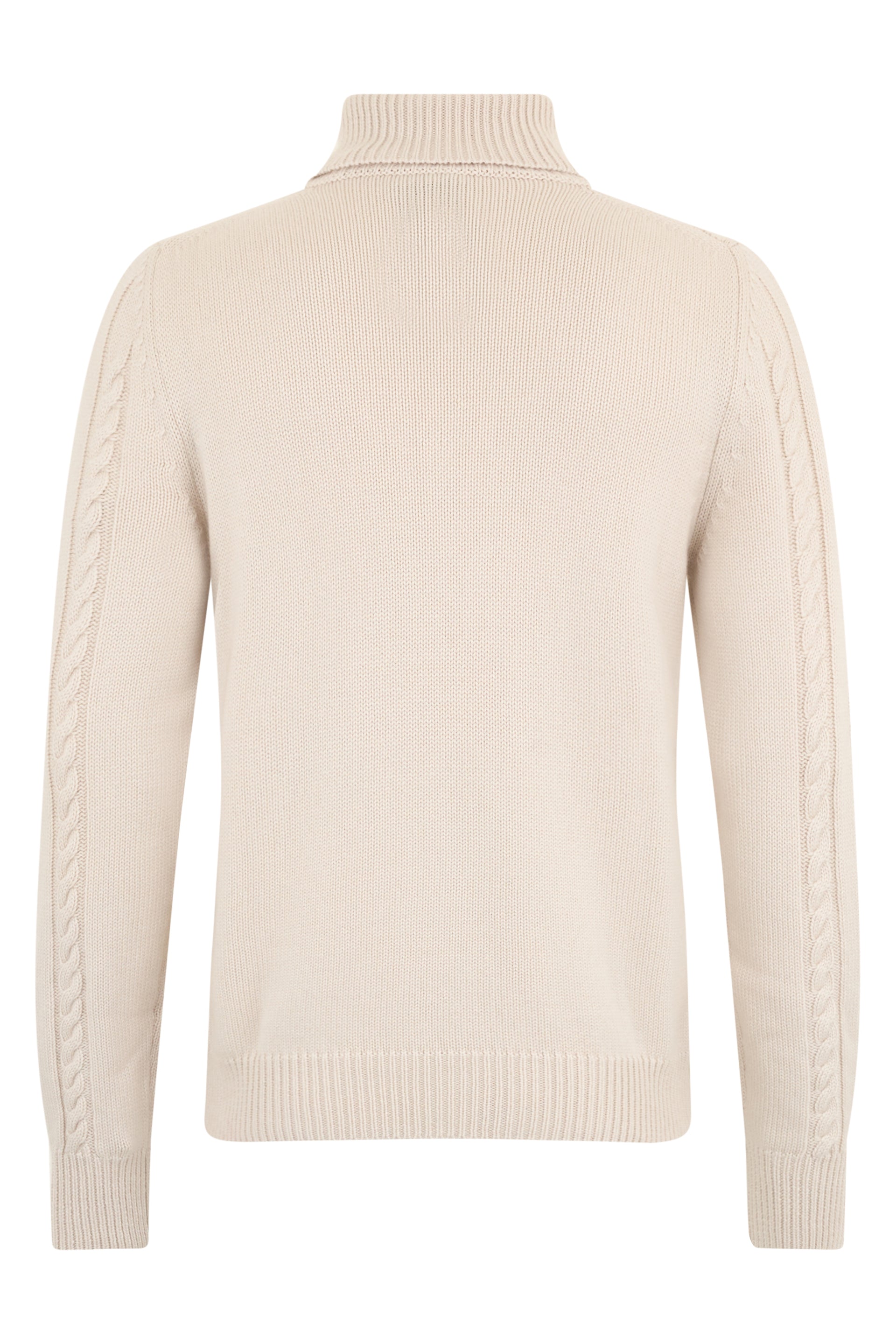 White cream sweater with high neck and minimal, versatile design.