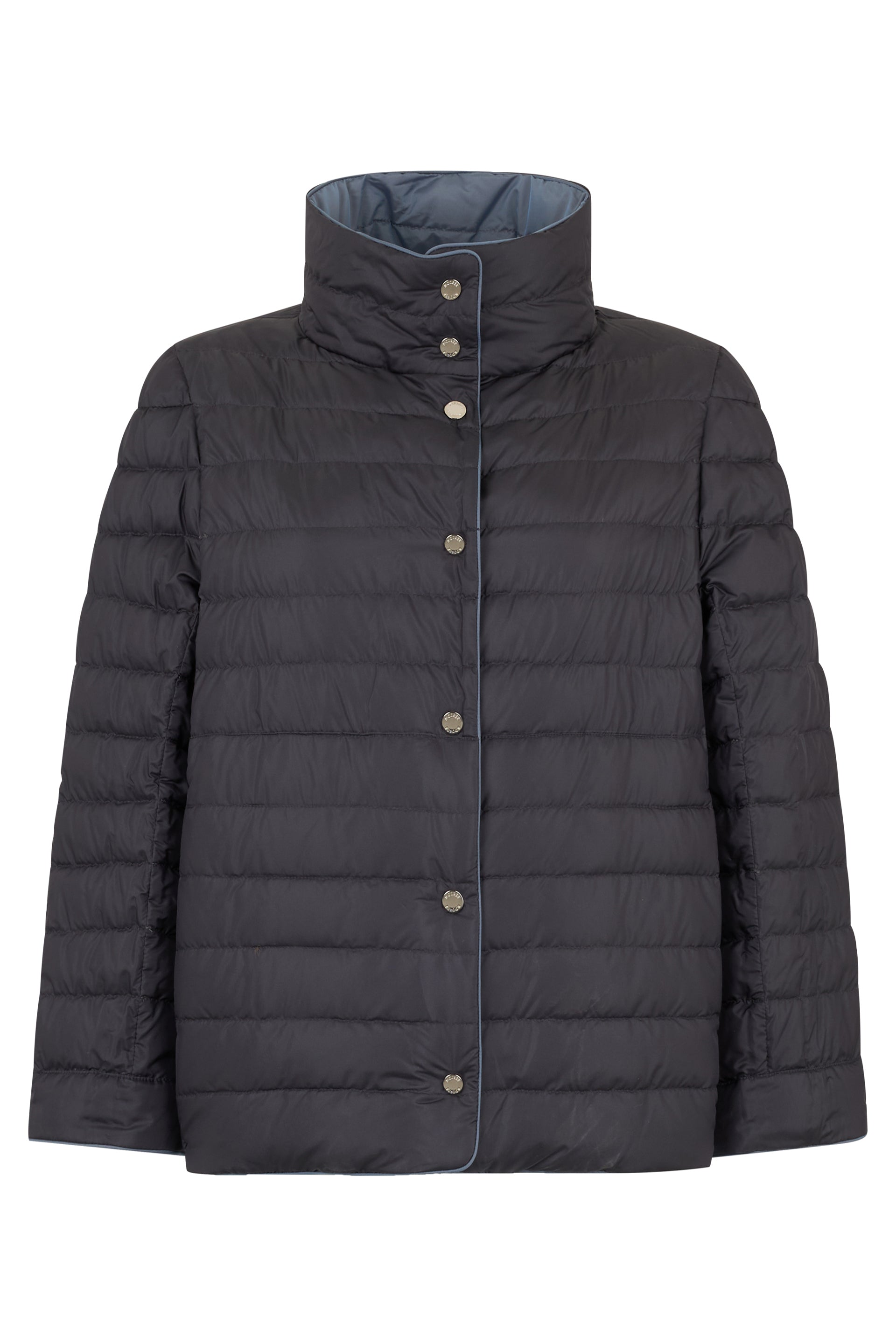 Black padded jacket with high collar.