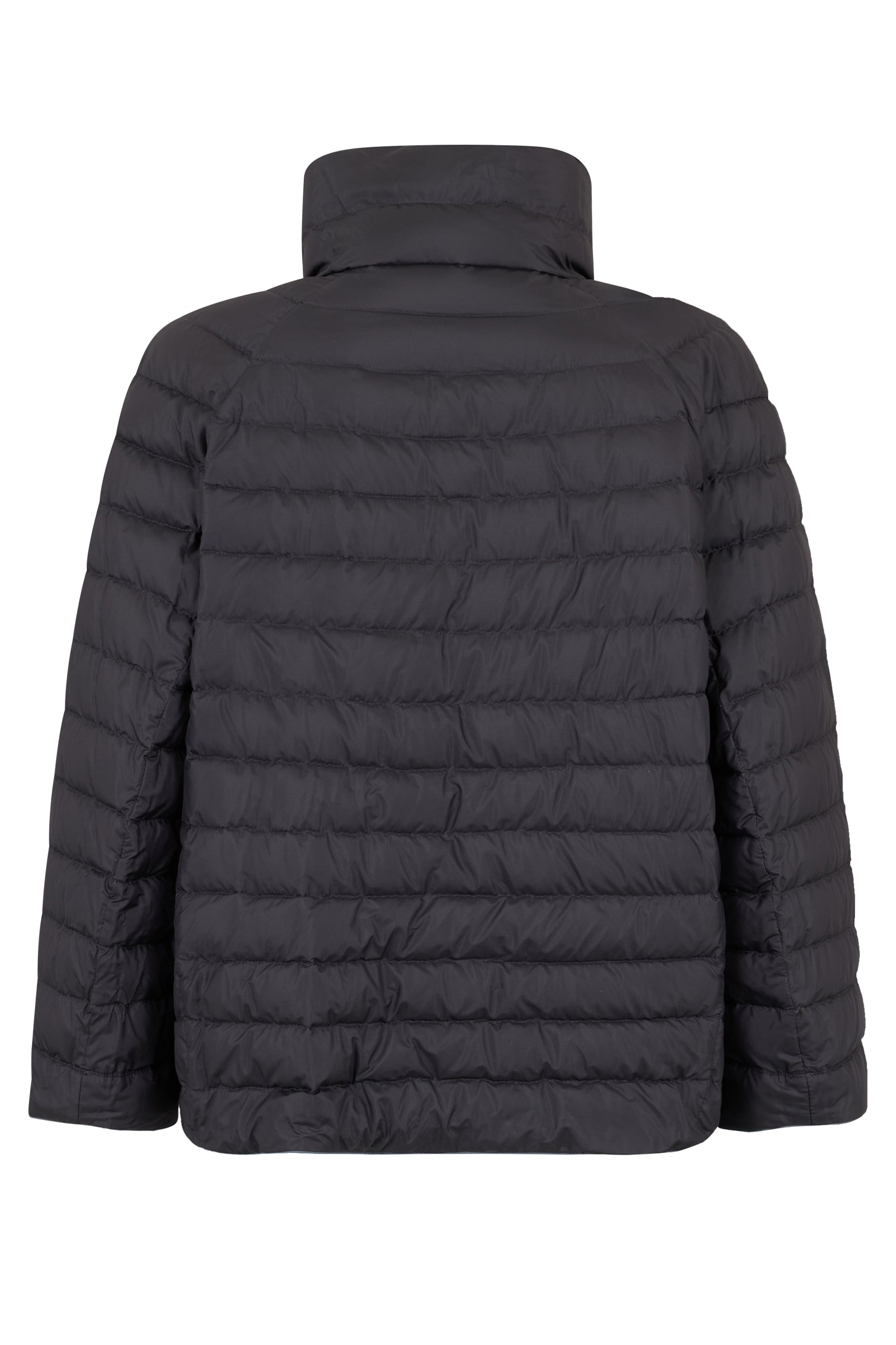 Black padded jacket with high collar.