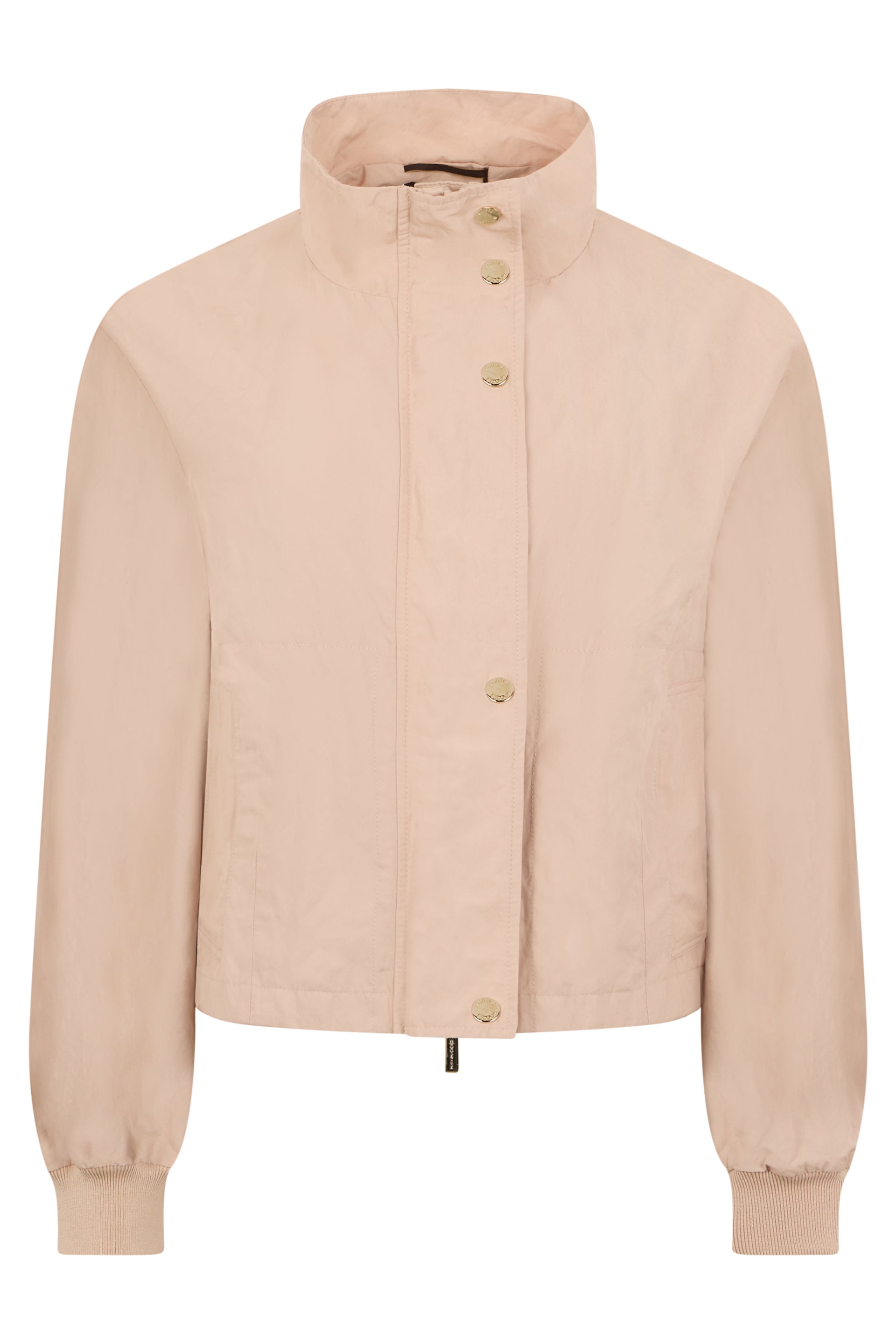 Short beige jacket with high collar and casual yet refined design.