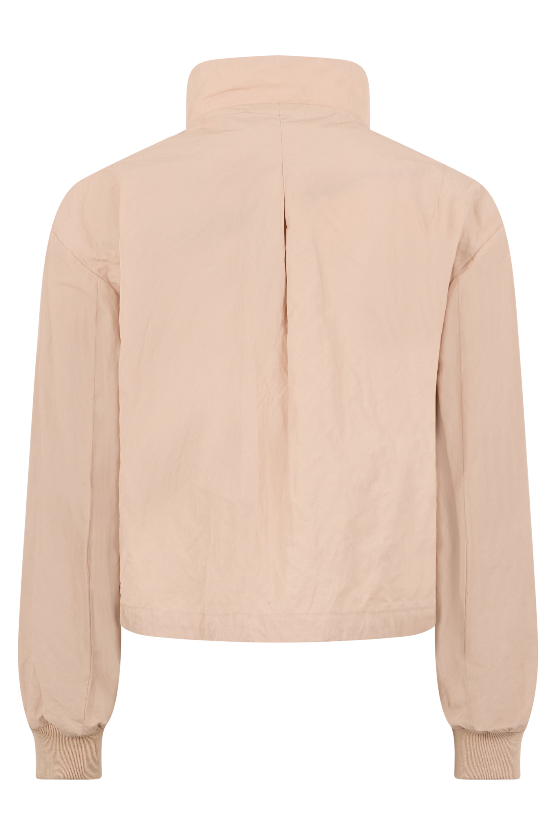 Short beige jacket with high collar and casual yet refined design.