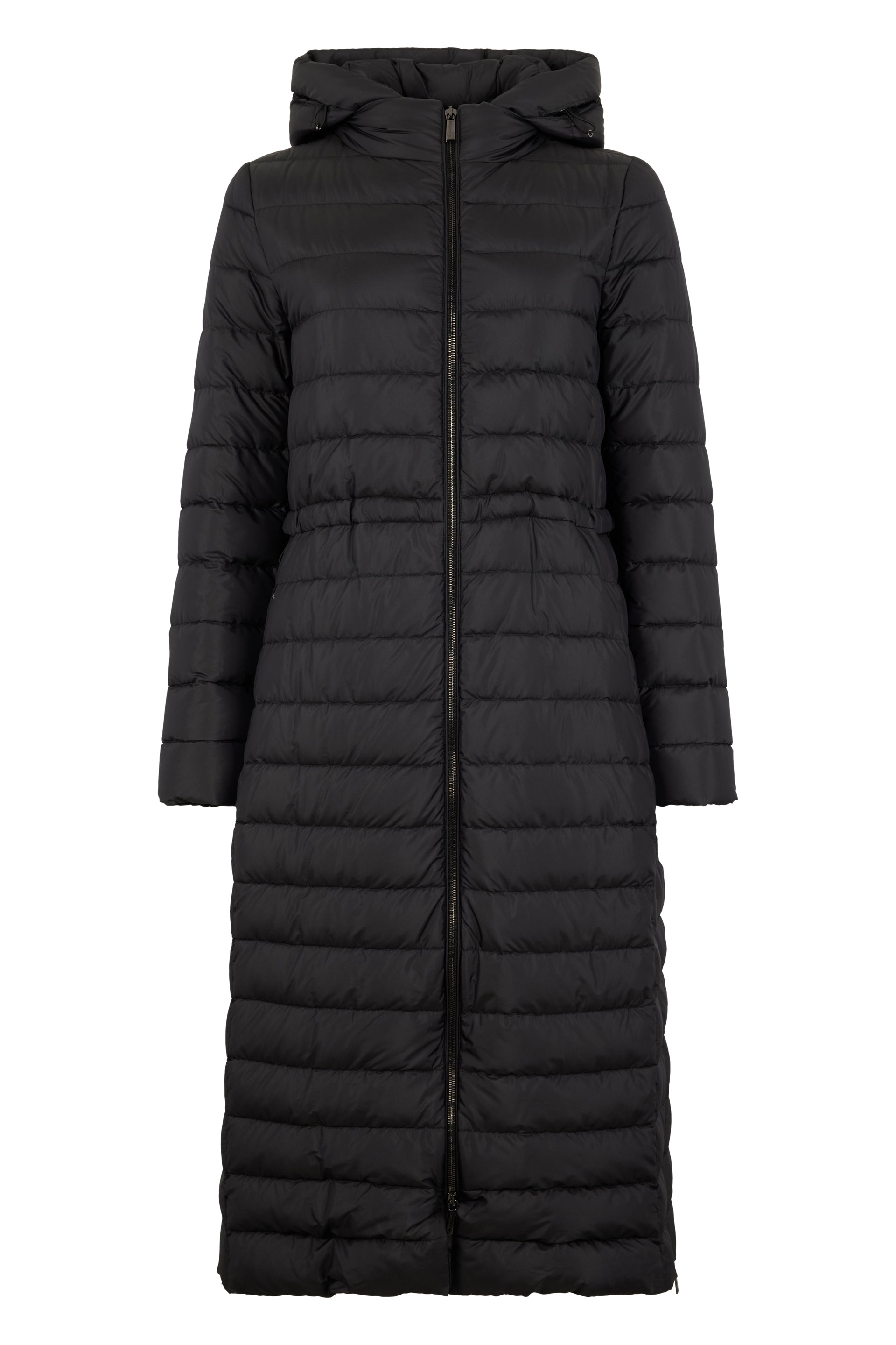 Long black quilted jacket with hood